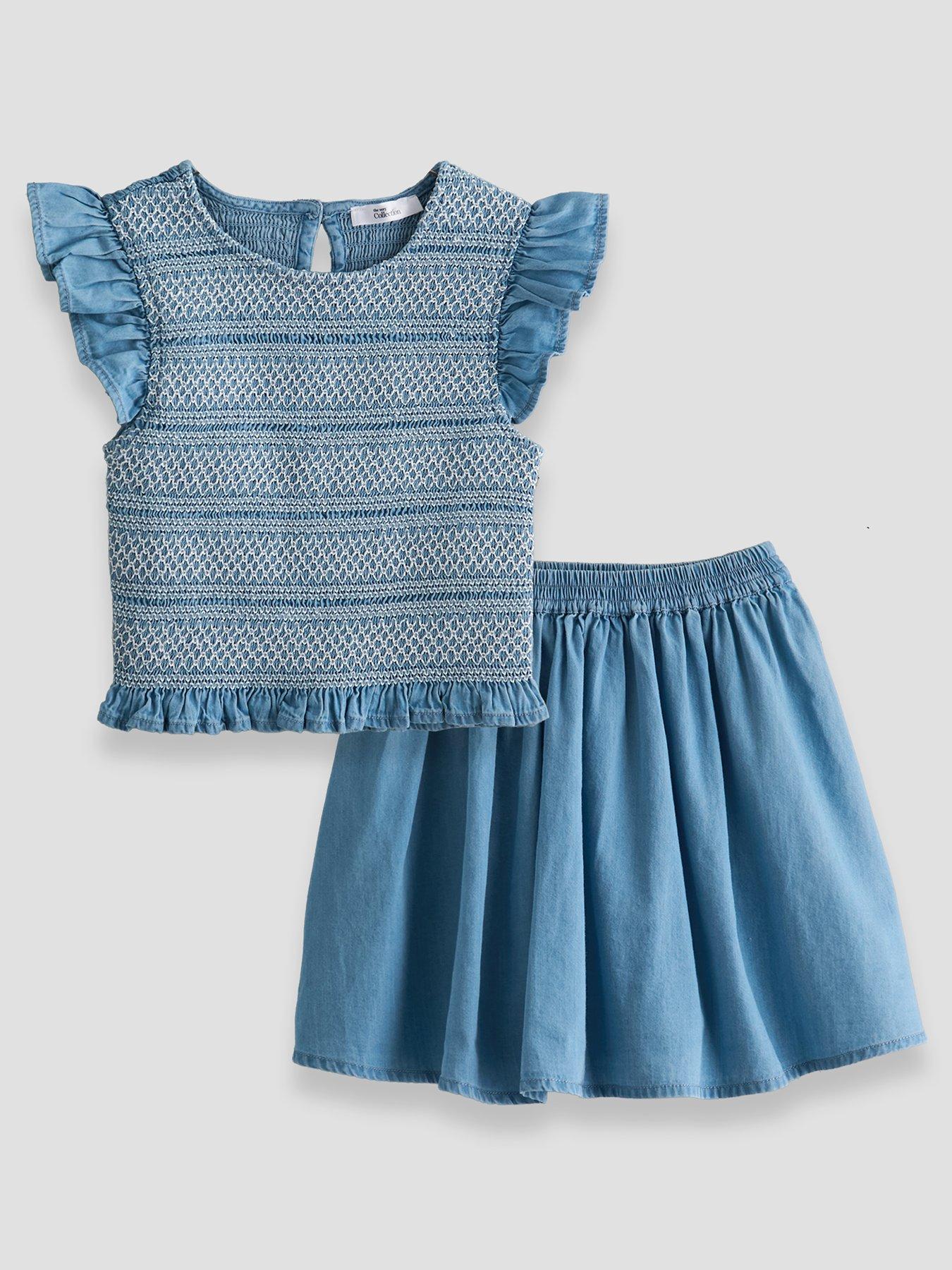 Image 1 of 5 of The Very Collection Girls Denim Style Frill Sleeve Top And Skirt Set - Blue
