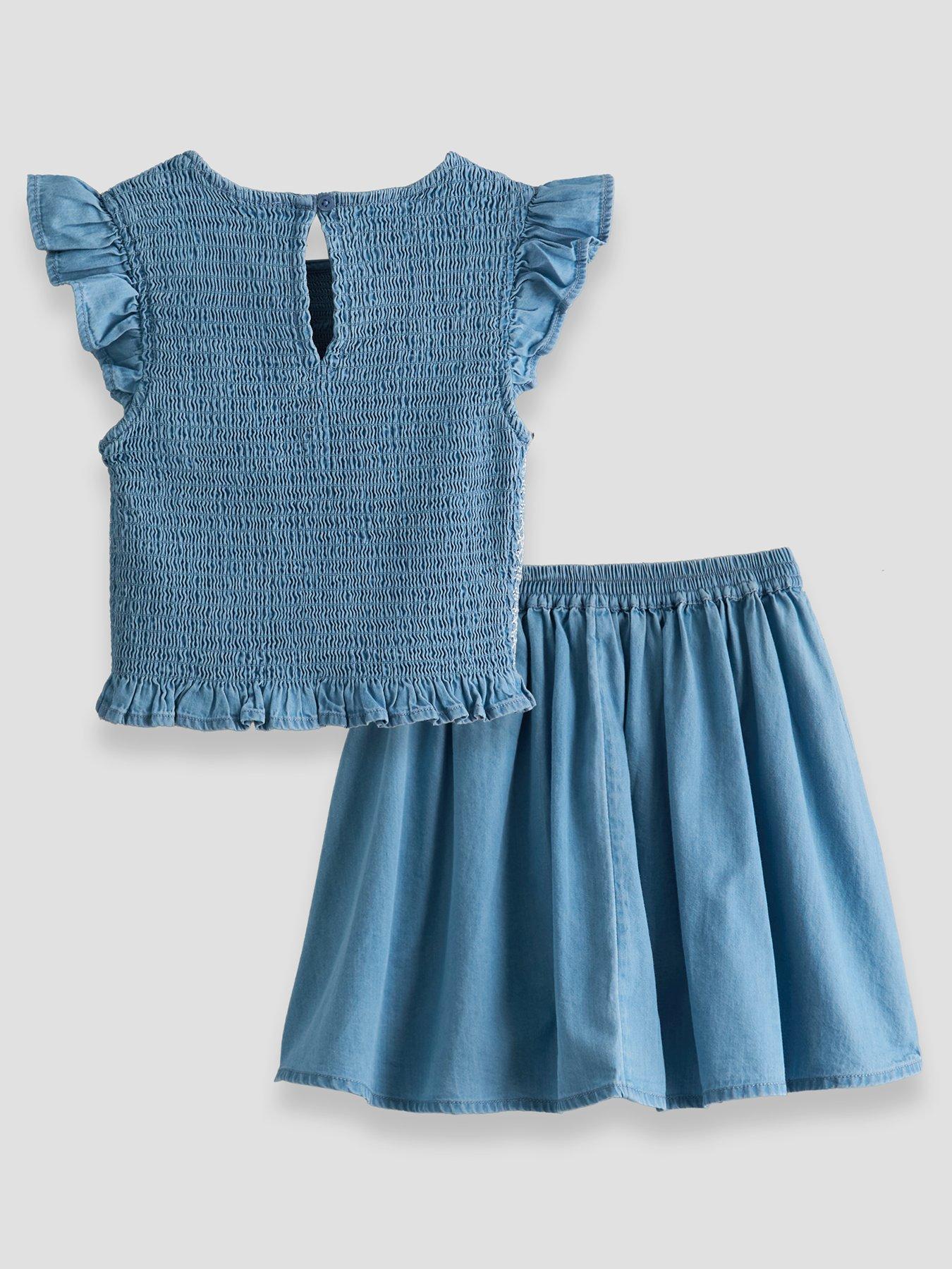 Image 2 of 5 of The Very Collection Girls Denim Style Frill Sleeve Top And Skirt Set - Blue