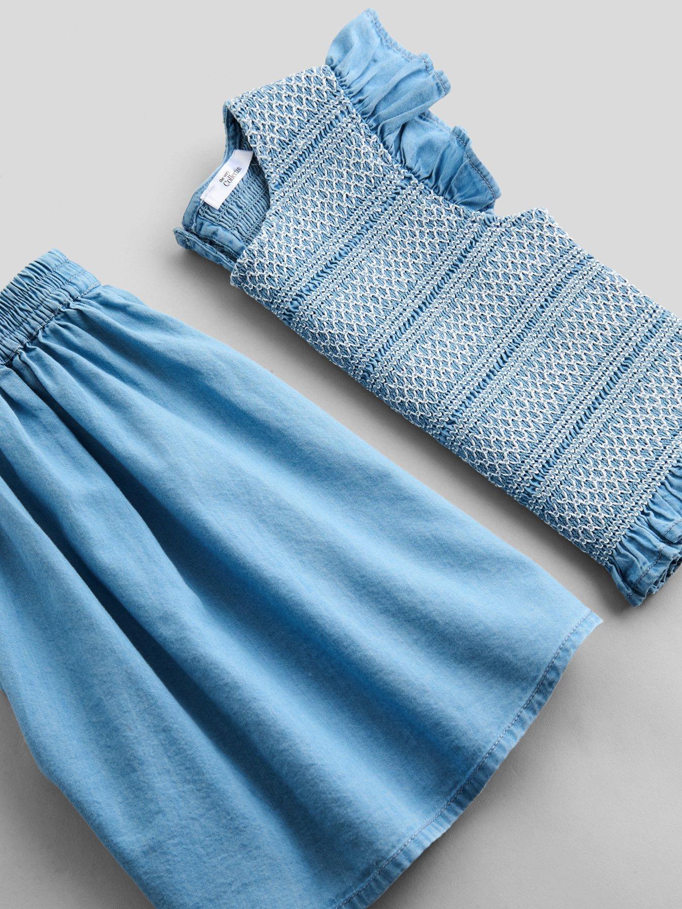 Image 3 of 5 of The Very Collection Girls Denim Style Frill Sleeve Top And Skirt Set - Blue
