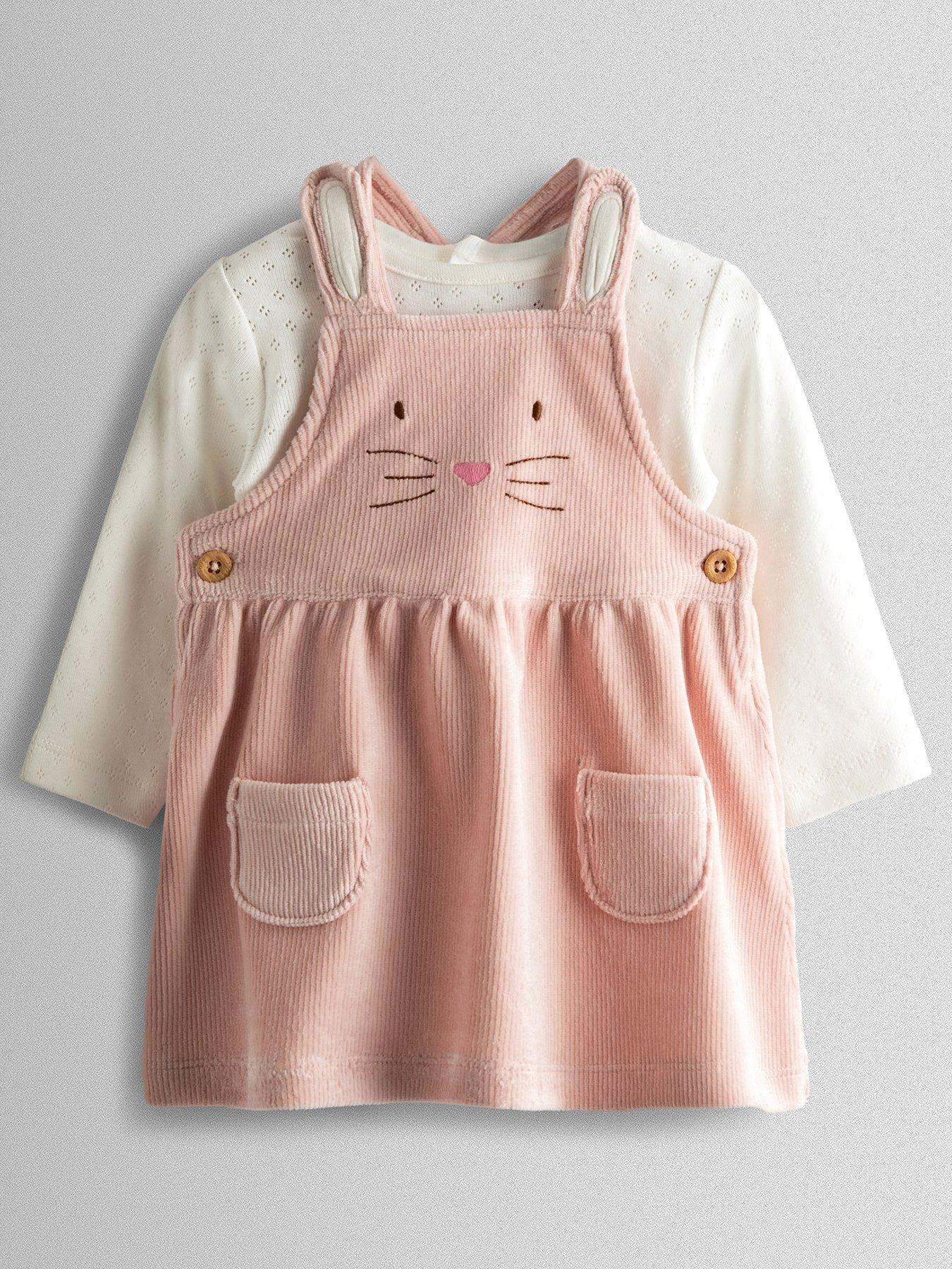 JoJo Maman Bebe Baby Girls Bunny Dungaree Dress Set - Pink