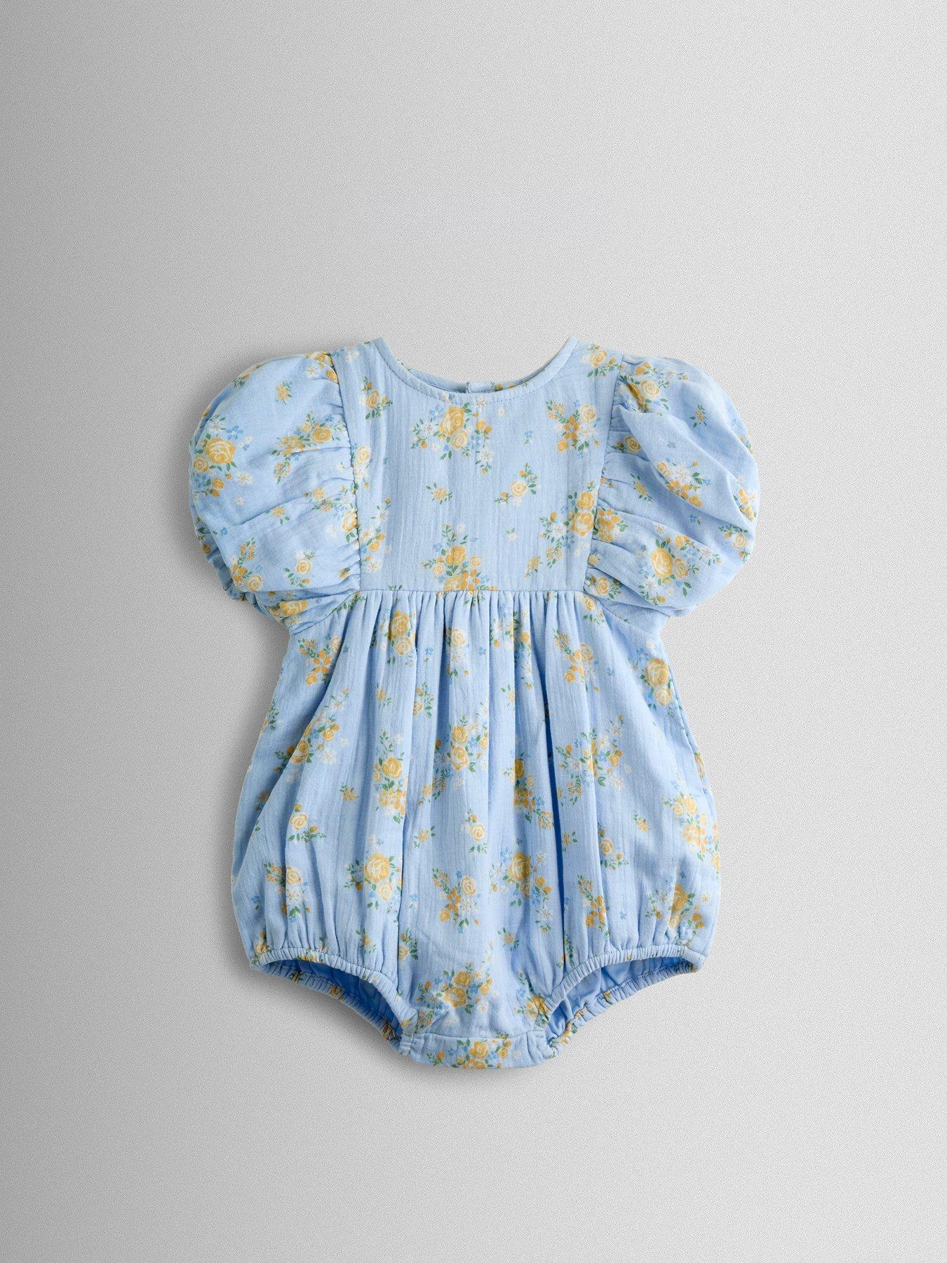 JoJo Maman Bebe Baby Girls Floral Cheesecloth Romper And Headband Set, Blue, Size 3-6 Months