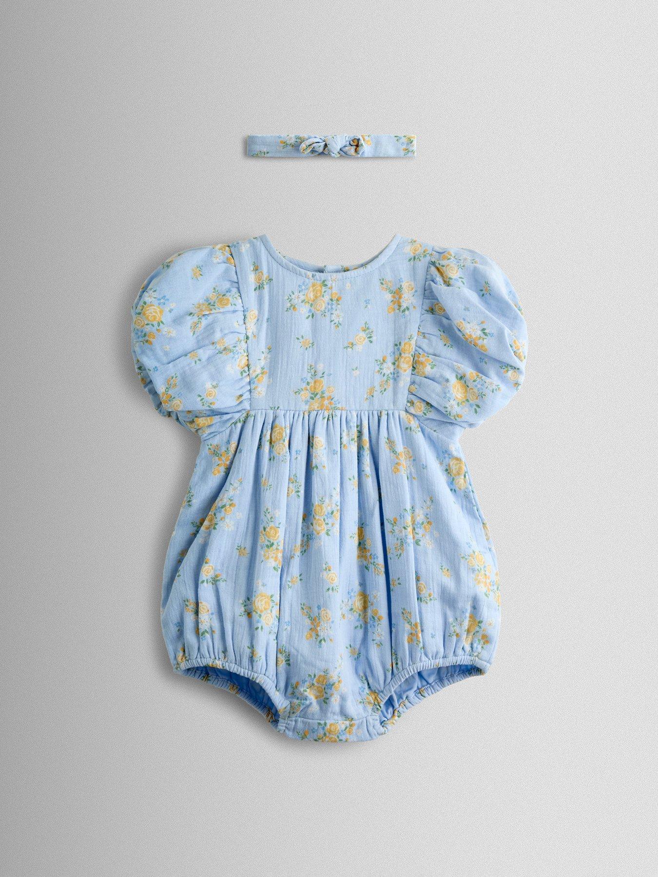 JoJo Maman Bebe Baby Girls Floral Cheesecloth Romper And Headband Set - Blue