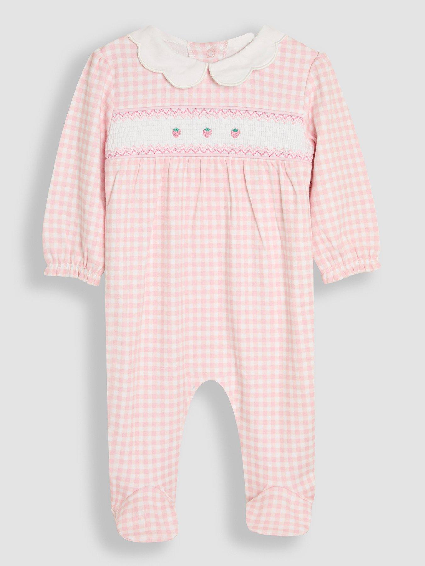 JoJo Maman Bebe Baby Girls Strawberry Smocked Sleepsuit - Pink