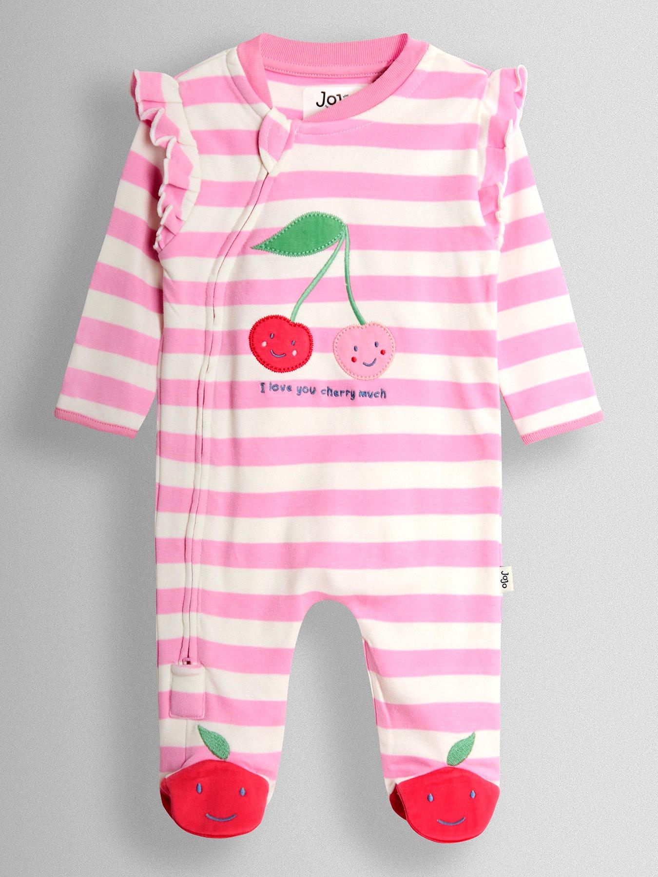 Image 1 of 3 of JoJo Maman Bebe Baby Girls Stripe Cherry Sleepsuit - Pink