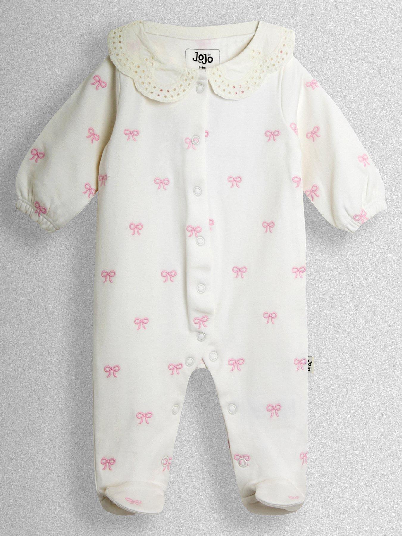 JoJo Maman Bebe Baby Girls Bow Embroidered Sleepsuit - Cream