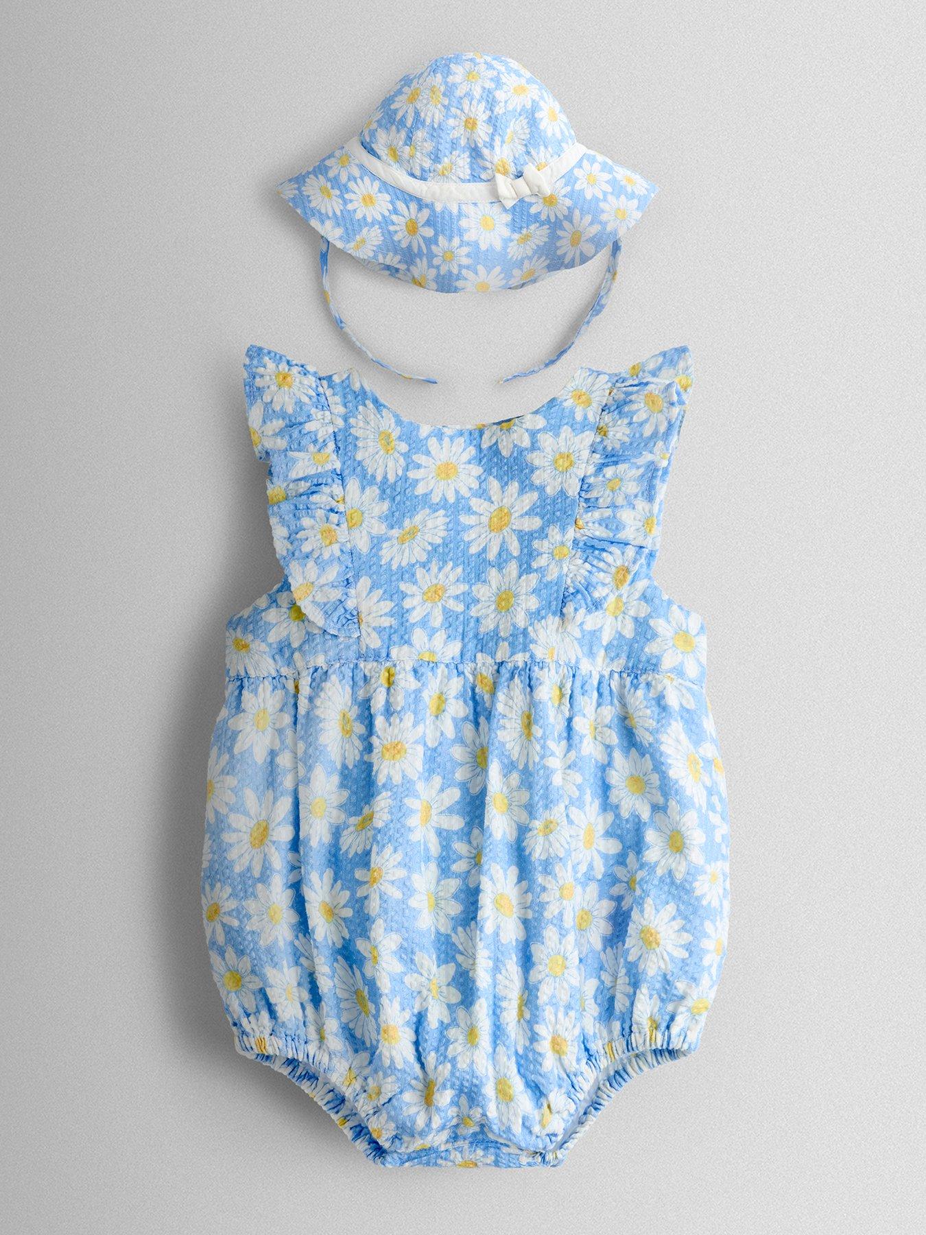 Image 1 of 4 of JoJo Maman Bebe Baby Girls Daisy Printed Frill Romper &amp; Hat Set - Blue