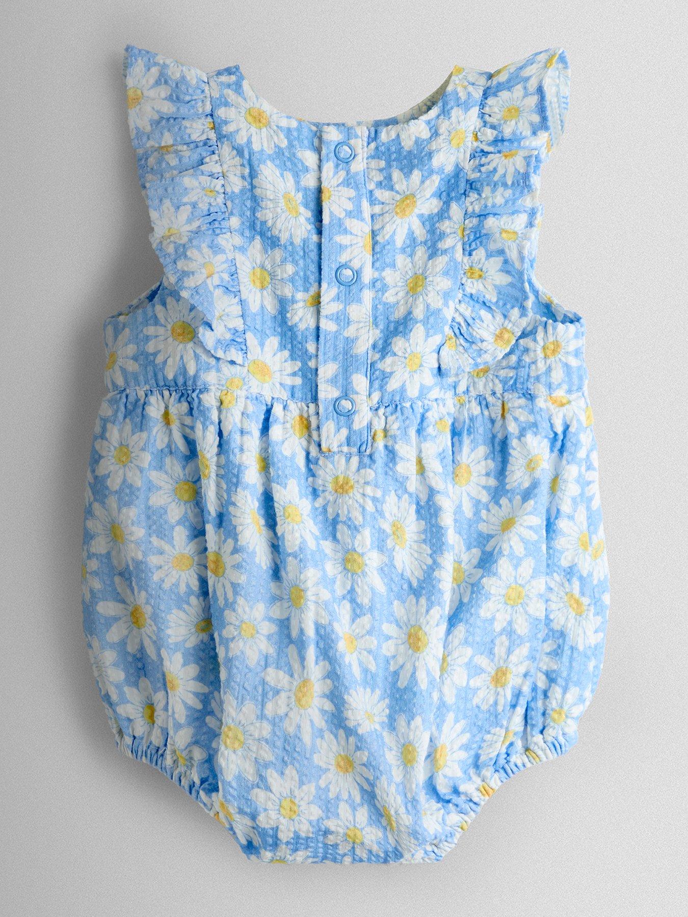 Image 2 of 4 of JoJo Maman Bebe Baby Girls Daisy Printed Frill Romper &amp; Hat Set - Blue
