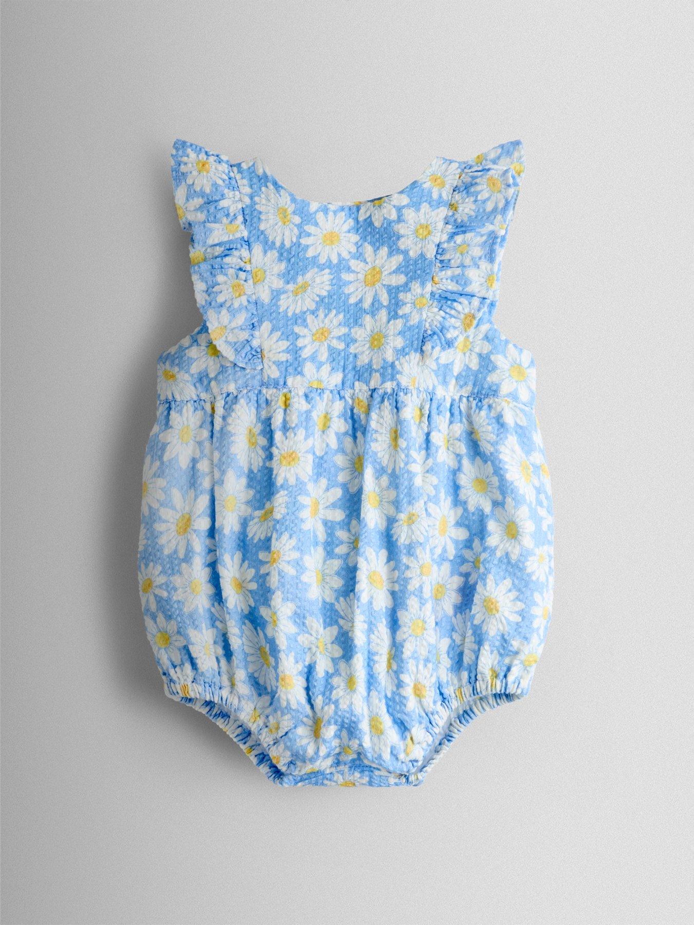 Image 3 of 4 of JoJo Maman Bebe Baby Girls Daisy Printed Frill Romper &amp; Hat Set - Blue