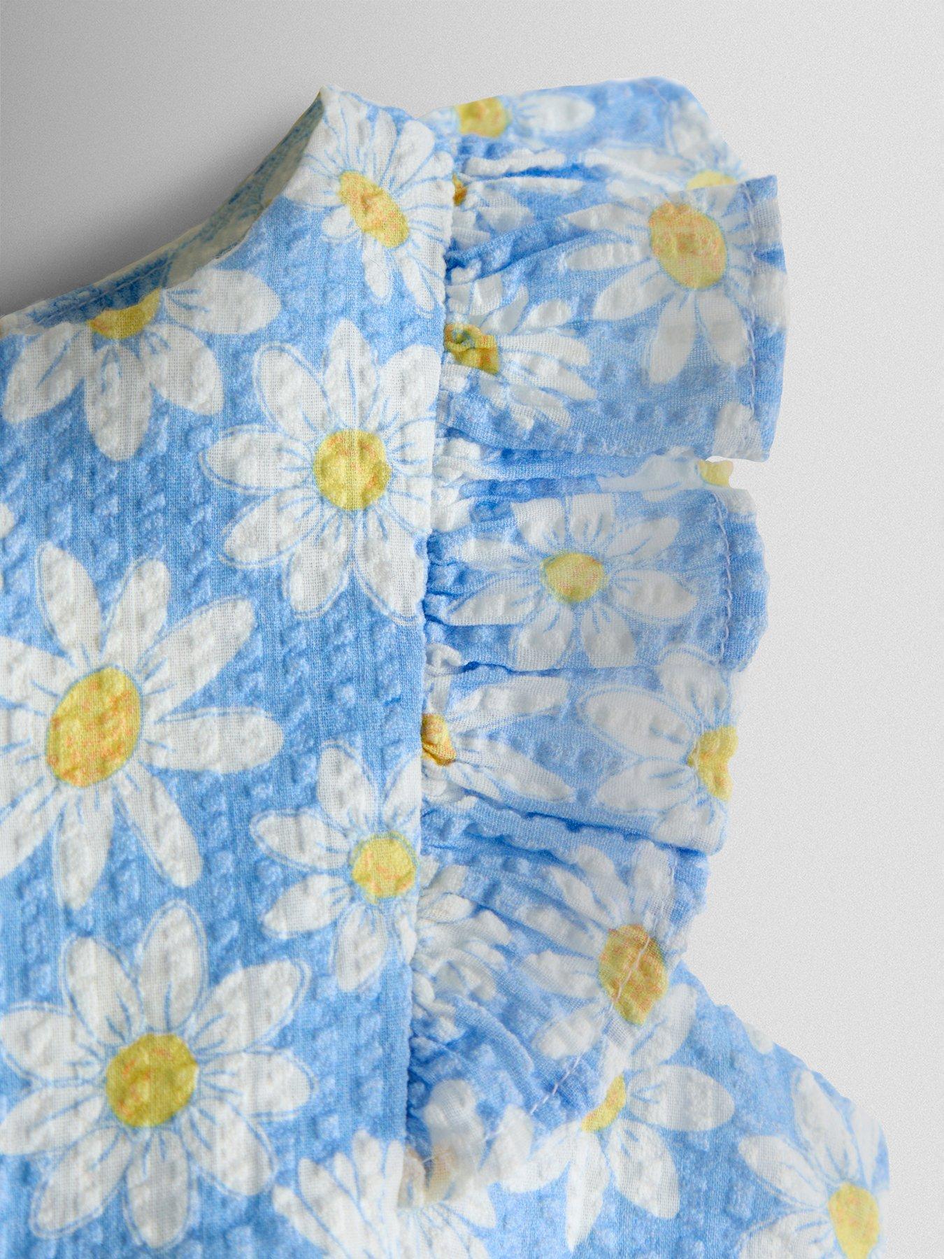 Image 4 of 4 of JoJo Maman Bebe Baby Girls Daisy Printed Frill Romper &amp; Hat Set - Blue