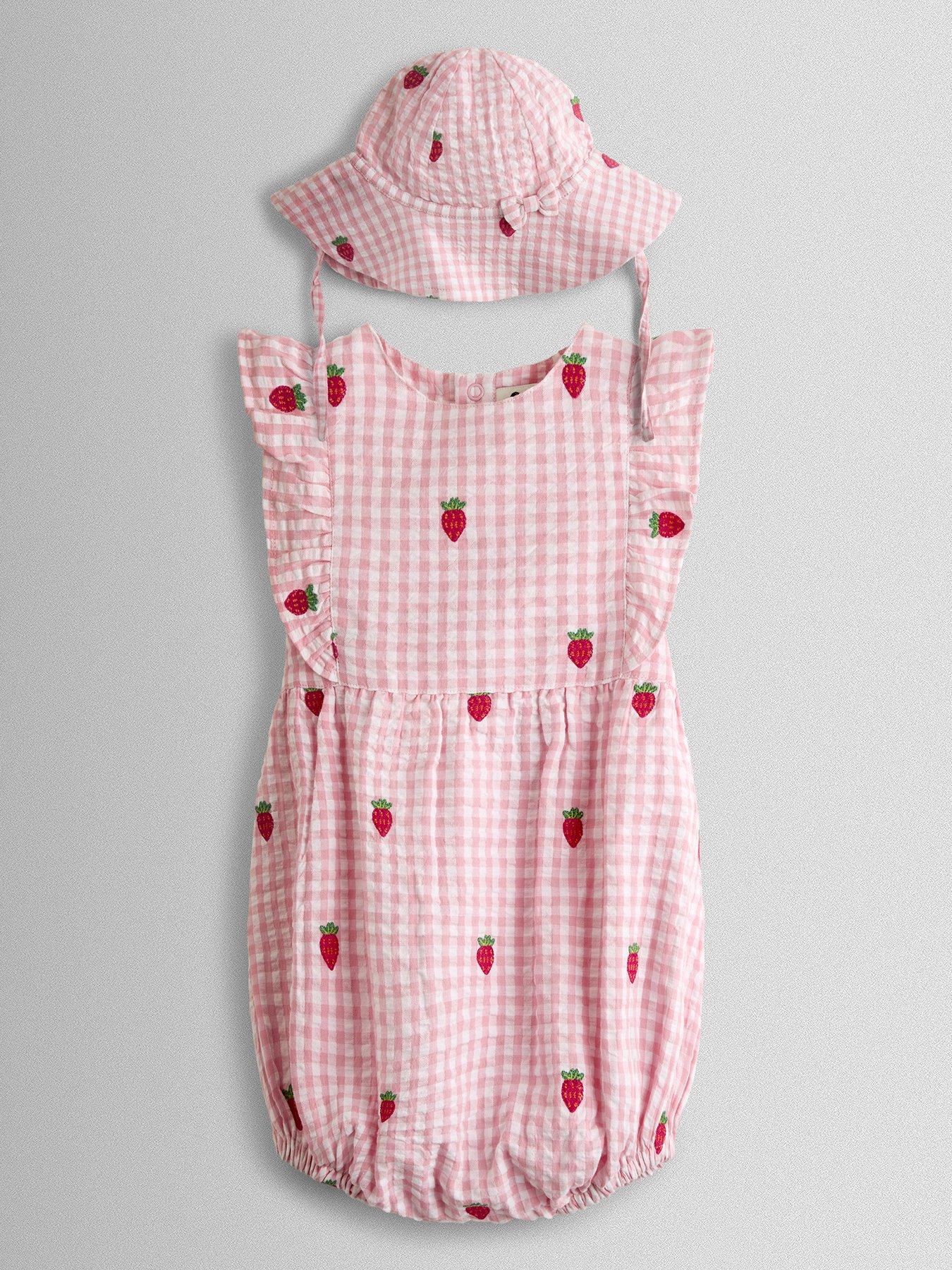Image 1 of 6 of JoJo Maman Bebe Baby Girls Strawberry Embroidered Frill Romper &amp; Hat Set - Light Pink