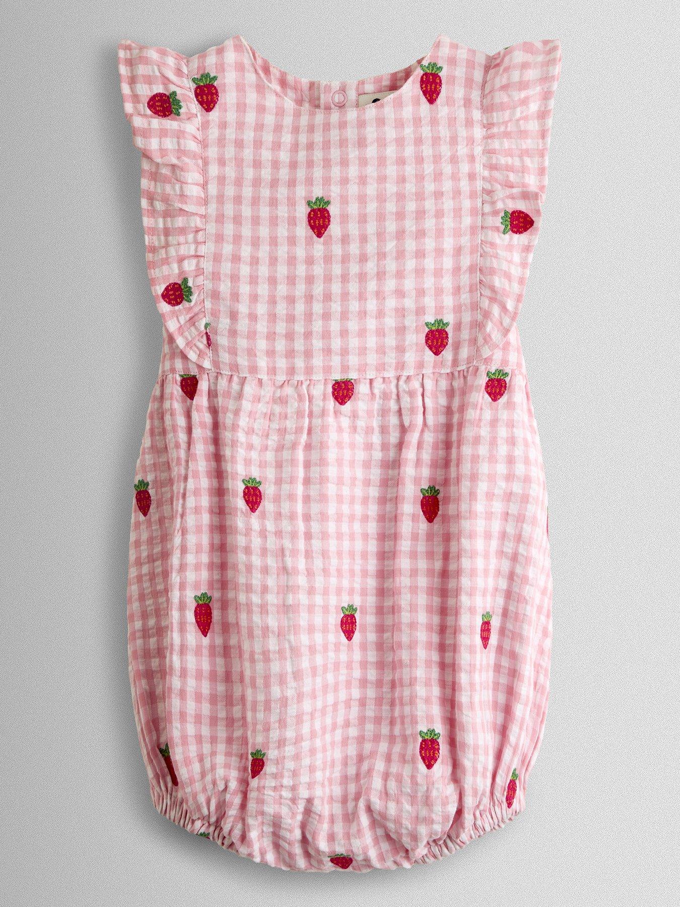 Image 2 of 6 of JoJo Maman Bebe Baby Girls Strawberry Embroidered Frill Romper &amp; Hat Set - Light Pink