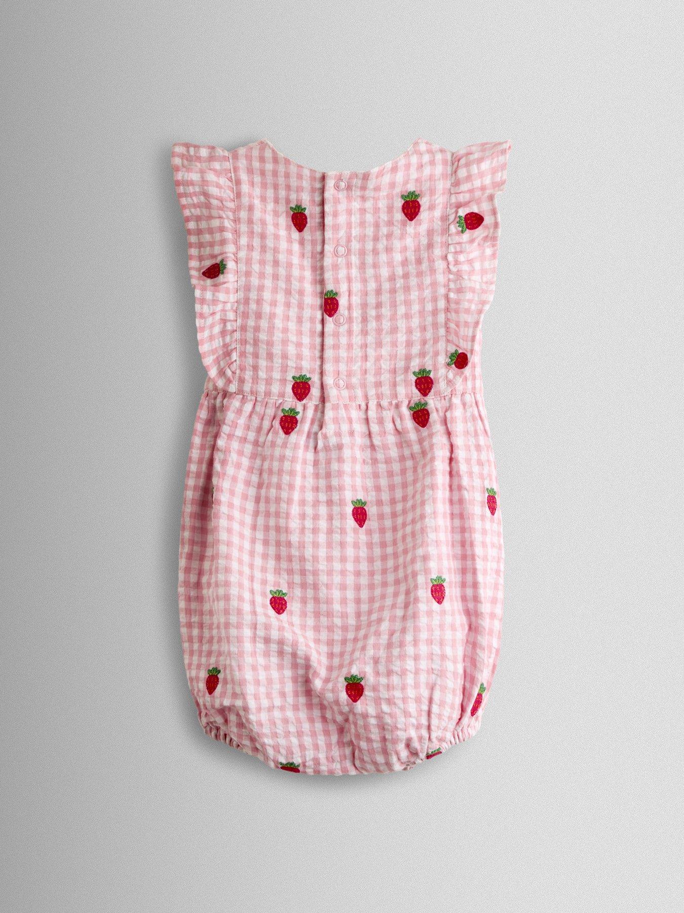 Image 3 of 6 of JoJo Maman Bebe Baby Girls Strawberry Embroidered Frill Romper &amp; Hat Set - Light Pink