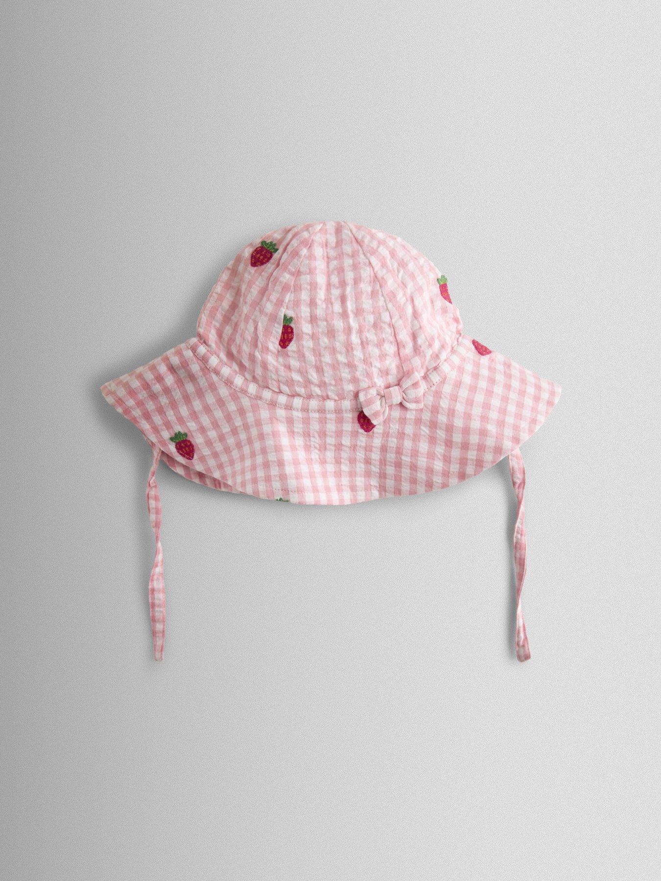 Image 4 of 6 of JoJo Maman Bebe Baby Girls Strawberry Embroidered Frill Romper &amp; Hat Set - Light Pink