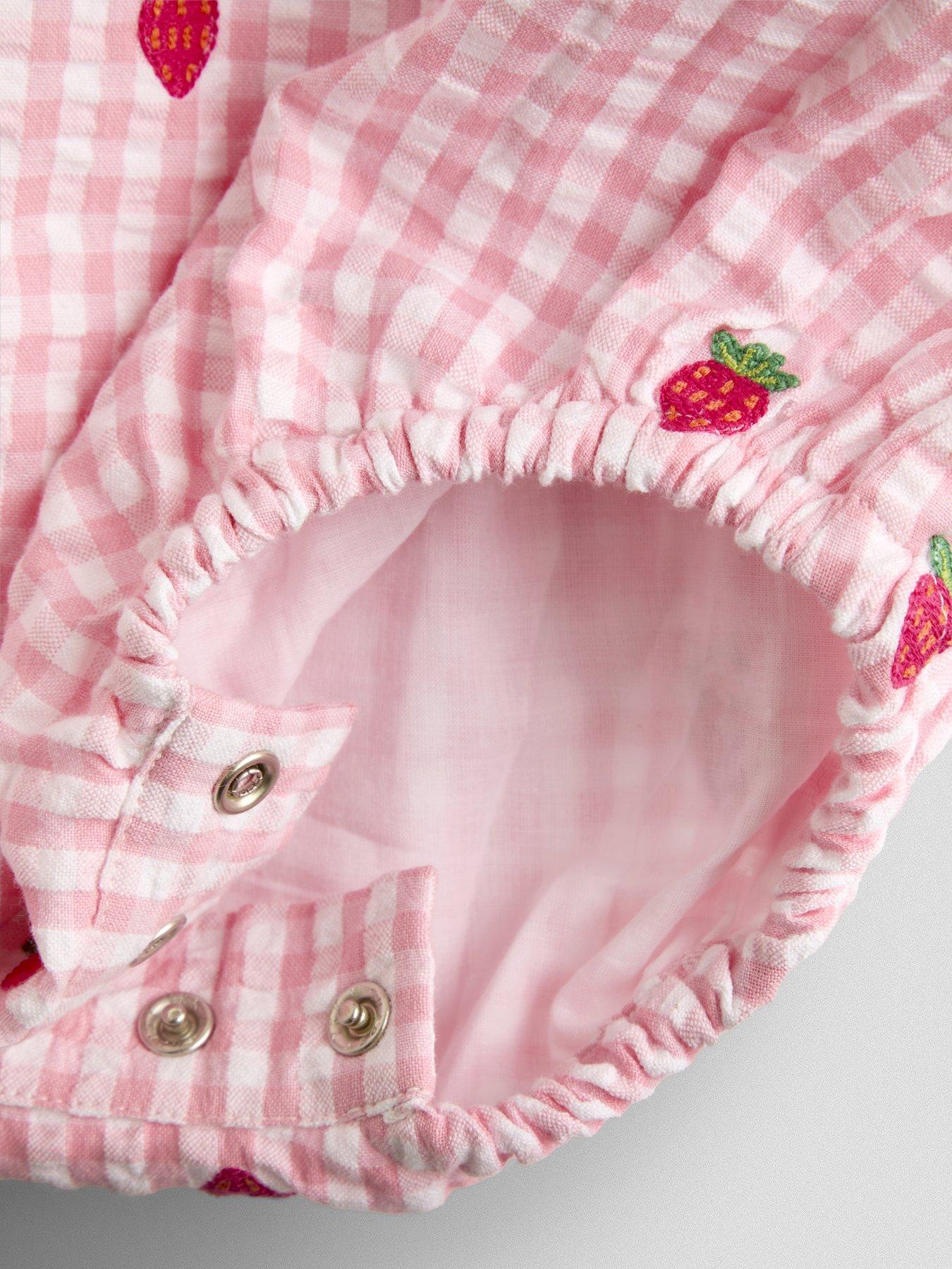 Image 5 of 6 of JoJo Maman Bebe Baby Girls Strawberry Embroidered Frill Romper &amp; Hat Set - Light Pink
