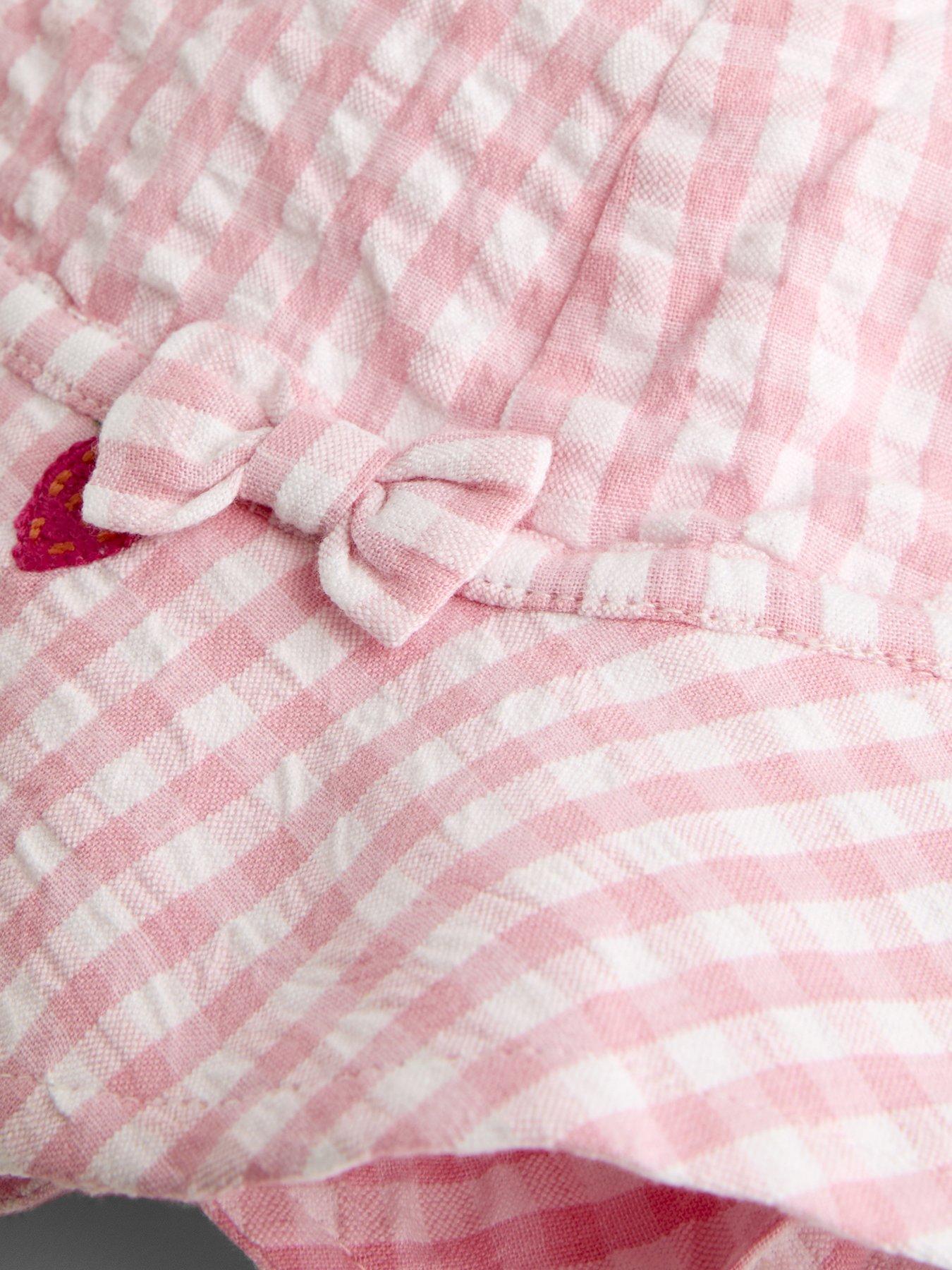 Image 6 of 6 of JoJo Maman Bebe Baby Girls Strawberry Embroidered Frill Romper &amp; Hat Set - Light Pink