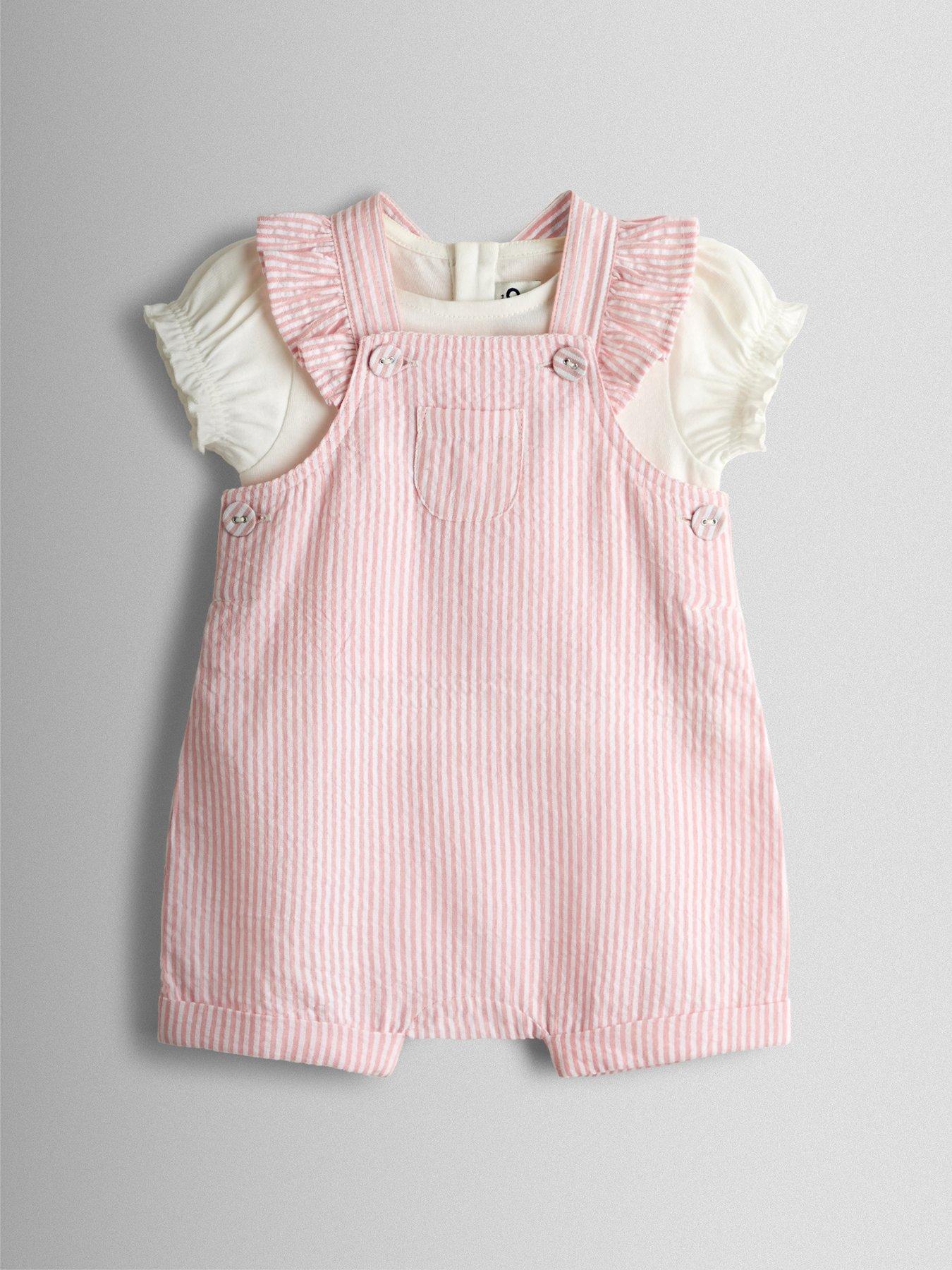 JoJo Maman Bebe Toddler Girls 2 Piece Seersucker Stripe Dungarees  &  T-Shirt Set - Light Pink