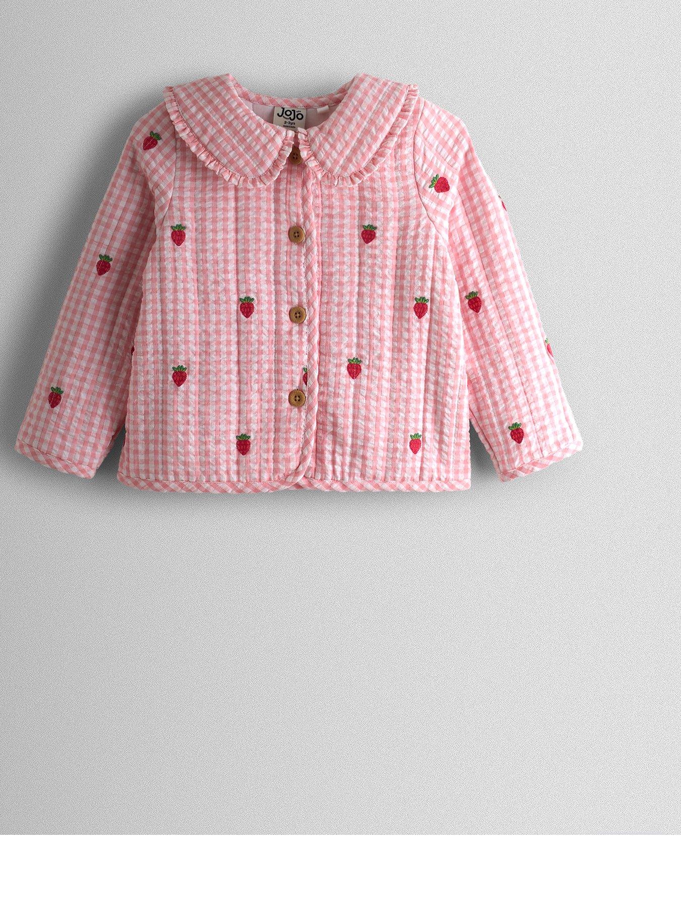Image 1 of 4 of JoJo Maman Bebe Toddler Girls Strawberry Embroidered Gingham Quilted Jacket - Light Pink