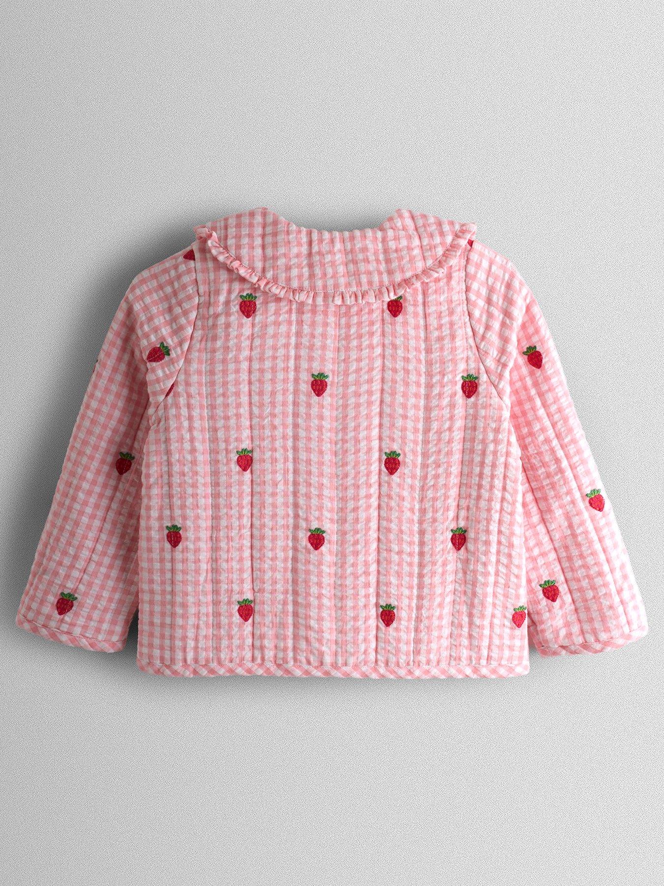 Image 2 of 4 of JoJo Maman Bebe Toddler Girls Strawberry Embroidered Gingham Quilted Jacket - Light Pink