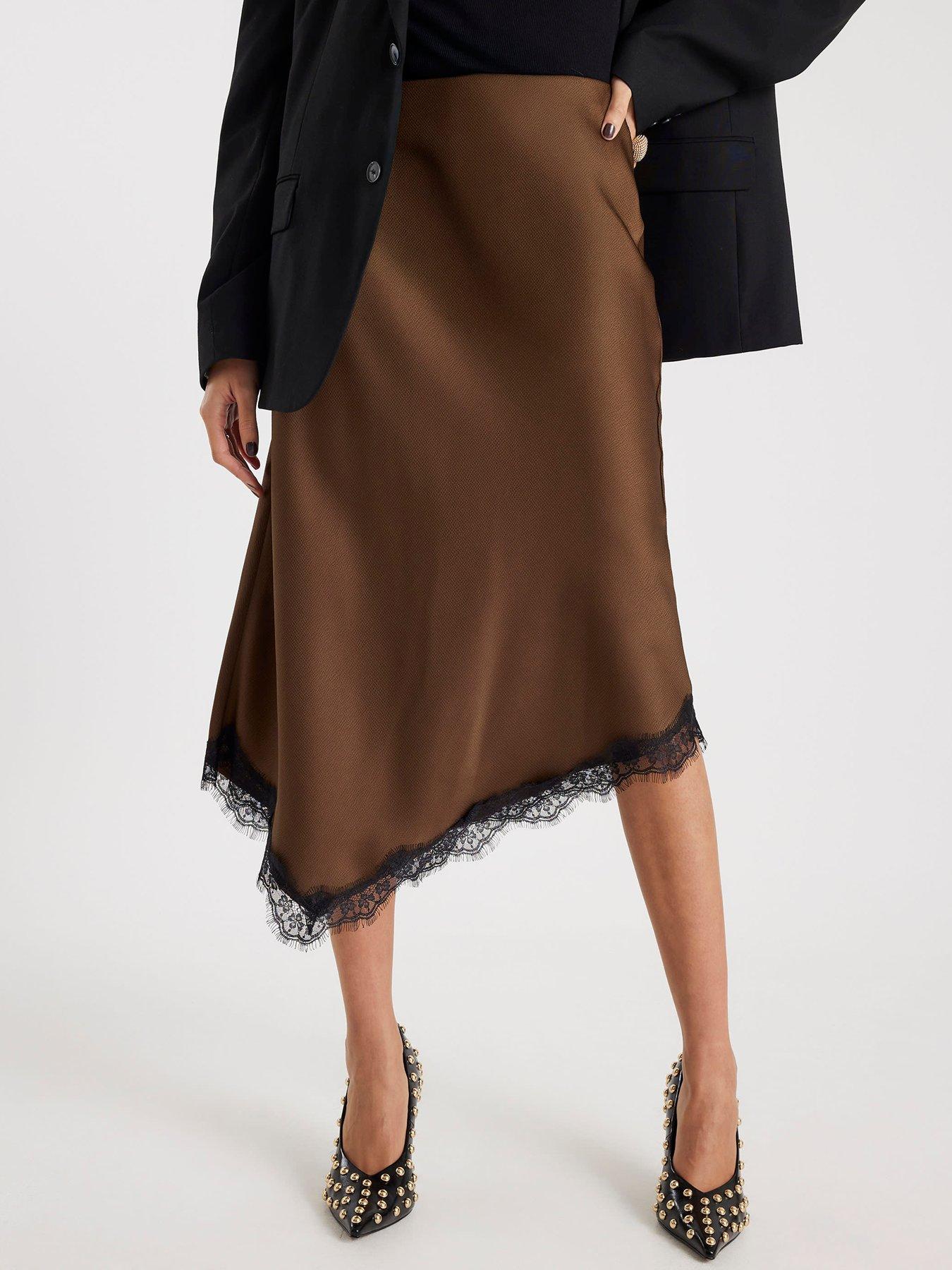 Image 1 of 4 of River Island Satin Skirt With Lace - Brown