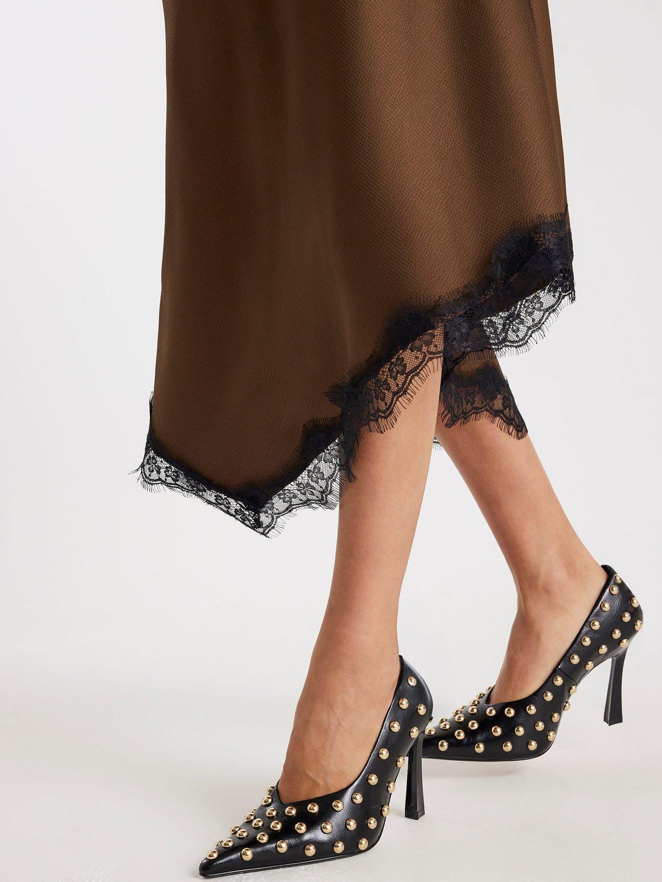 Image 4 of 4 of River Island Satin Skirt With Lace - Brown