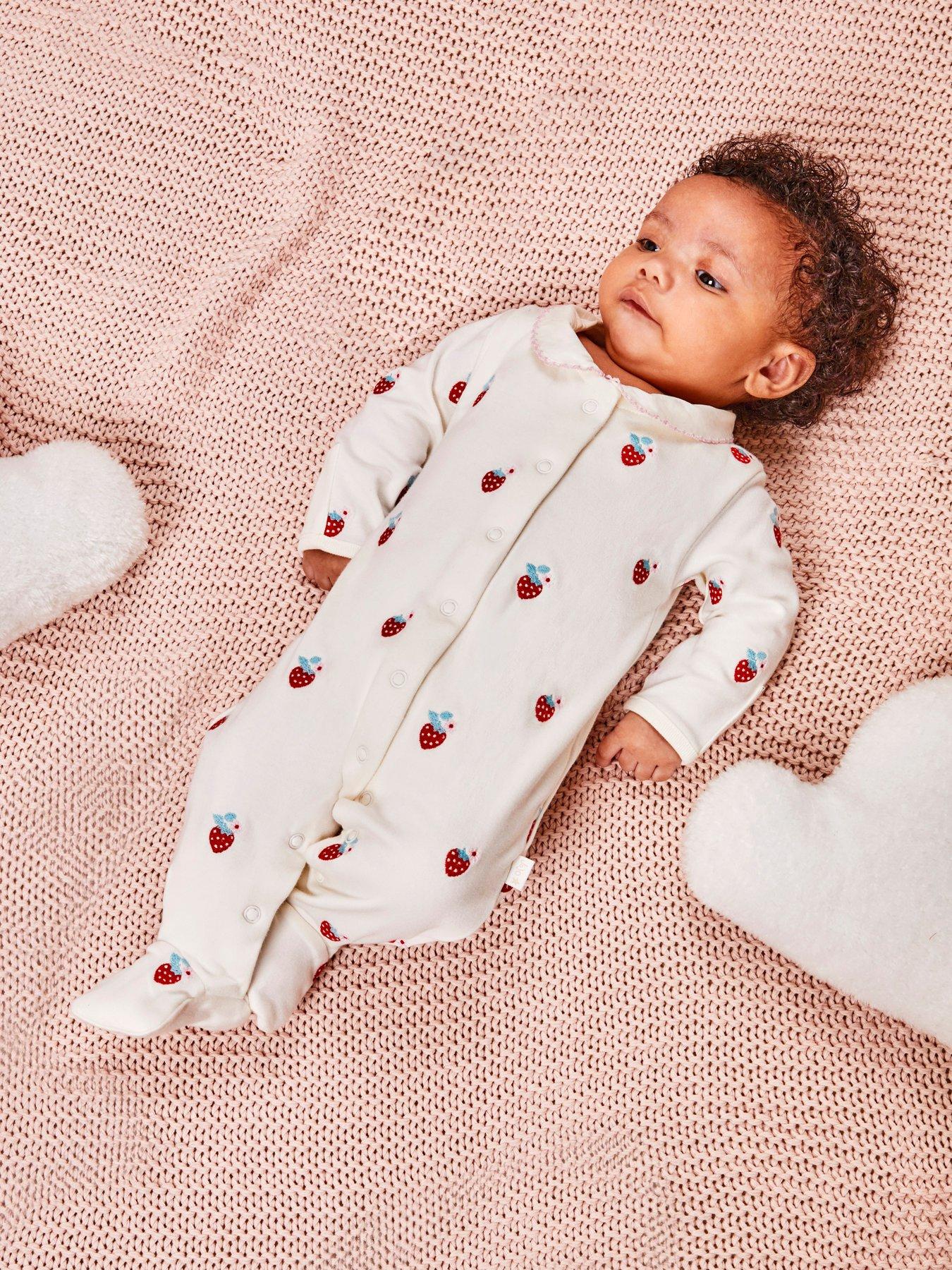 JoJo Maman Bebe Baby Girls Strawberry Embroidered Sleepsuit - Cream