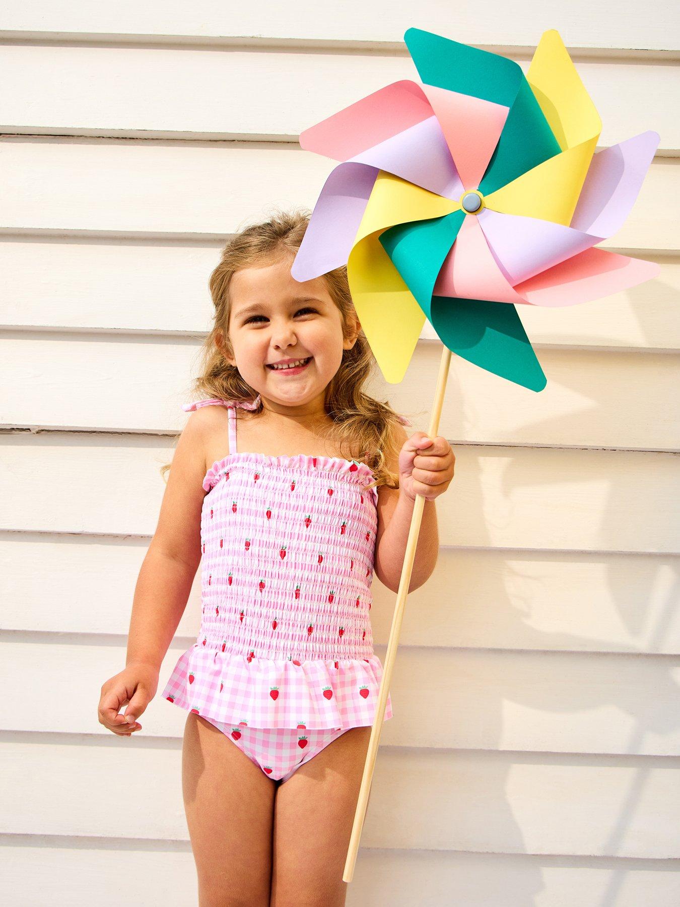 Image 1 of 5 of JoJo Maman Bebe Toddler Girls Cherry Gingham Shirred Tie Shoulder Swimsuit - Pink