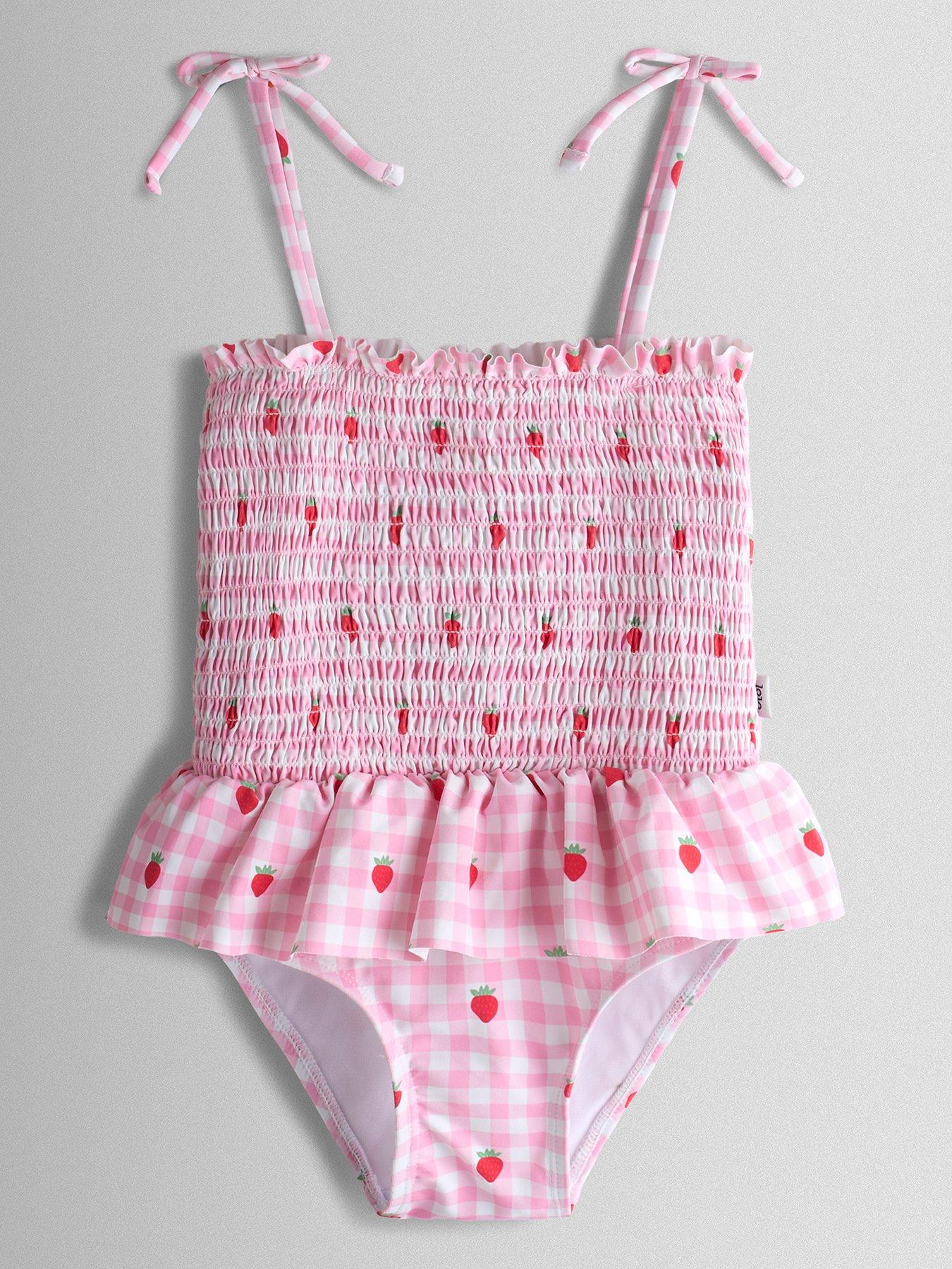Image 2 of 5 of JoJo Maman Bebe Toddler Girls Cherry Gingham Shirred Tie Shoulder Swimsuit - Pink