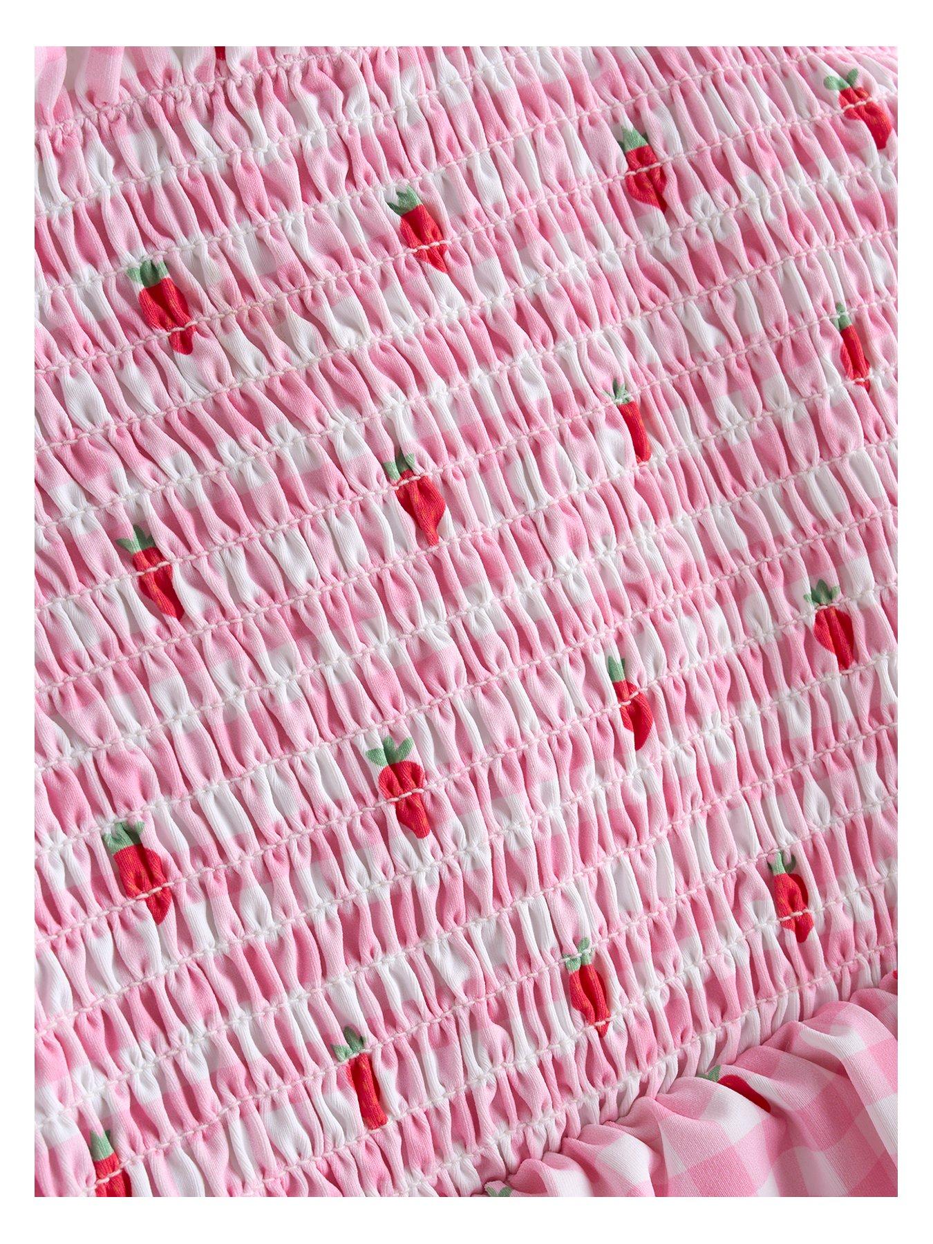 Image 3 of 5 of JoJo Maman Bebe Toddler Girls Cherry Gingham Shirred Tie Shoulder Swimsuit - Pink