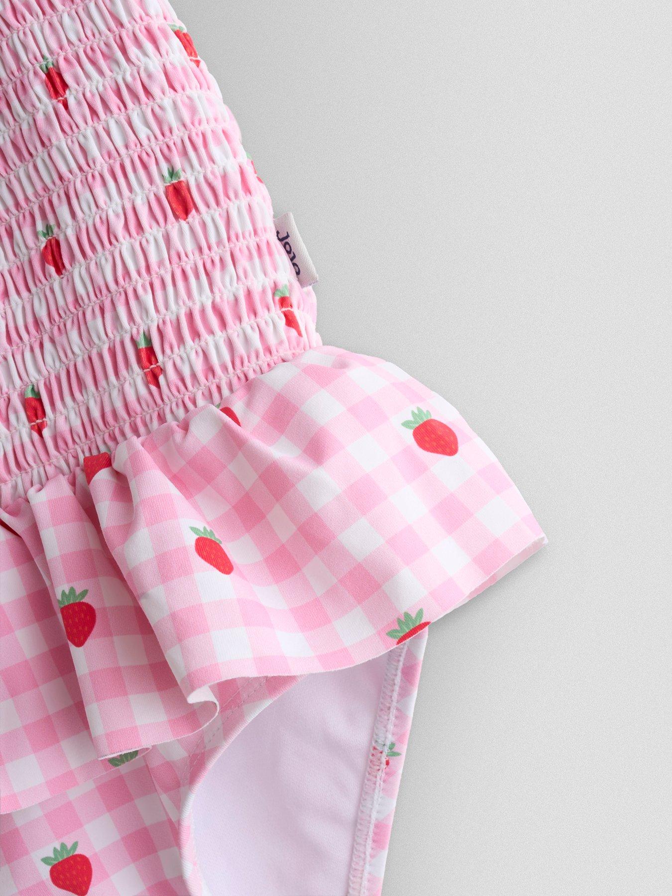 Image 4 of 5 of JoJo Maman Bebe Toddler Girls Cherry Gingham Shirred Tie Shoulder Swimsuit - Pink