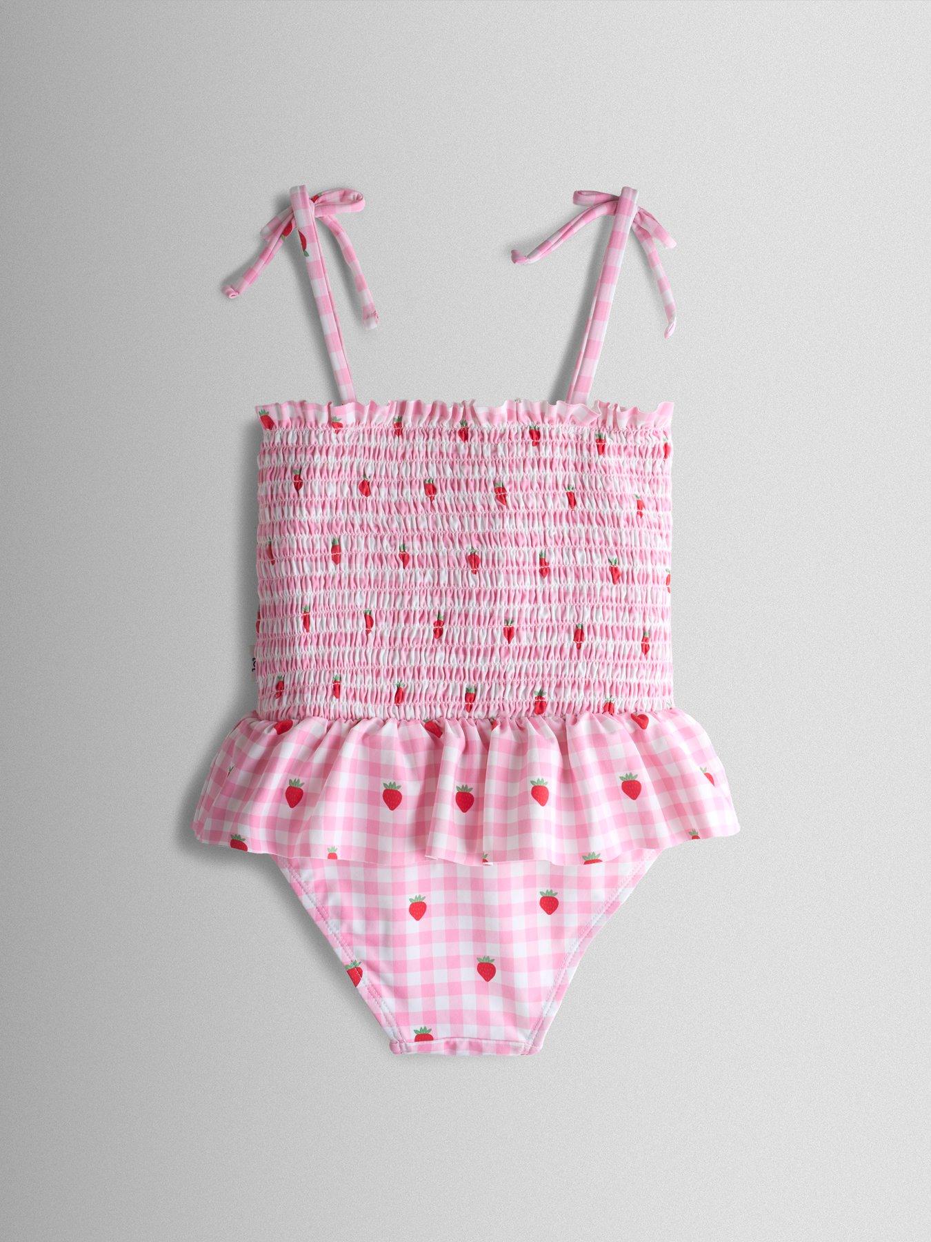 Image 5 of 5 of JoJo Maman Bebe Toddler Girls Cherry Gingham Shirred Tie Shoulder Swimsuit - Pink