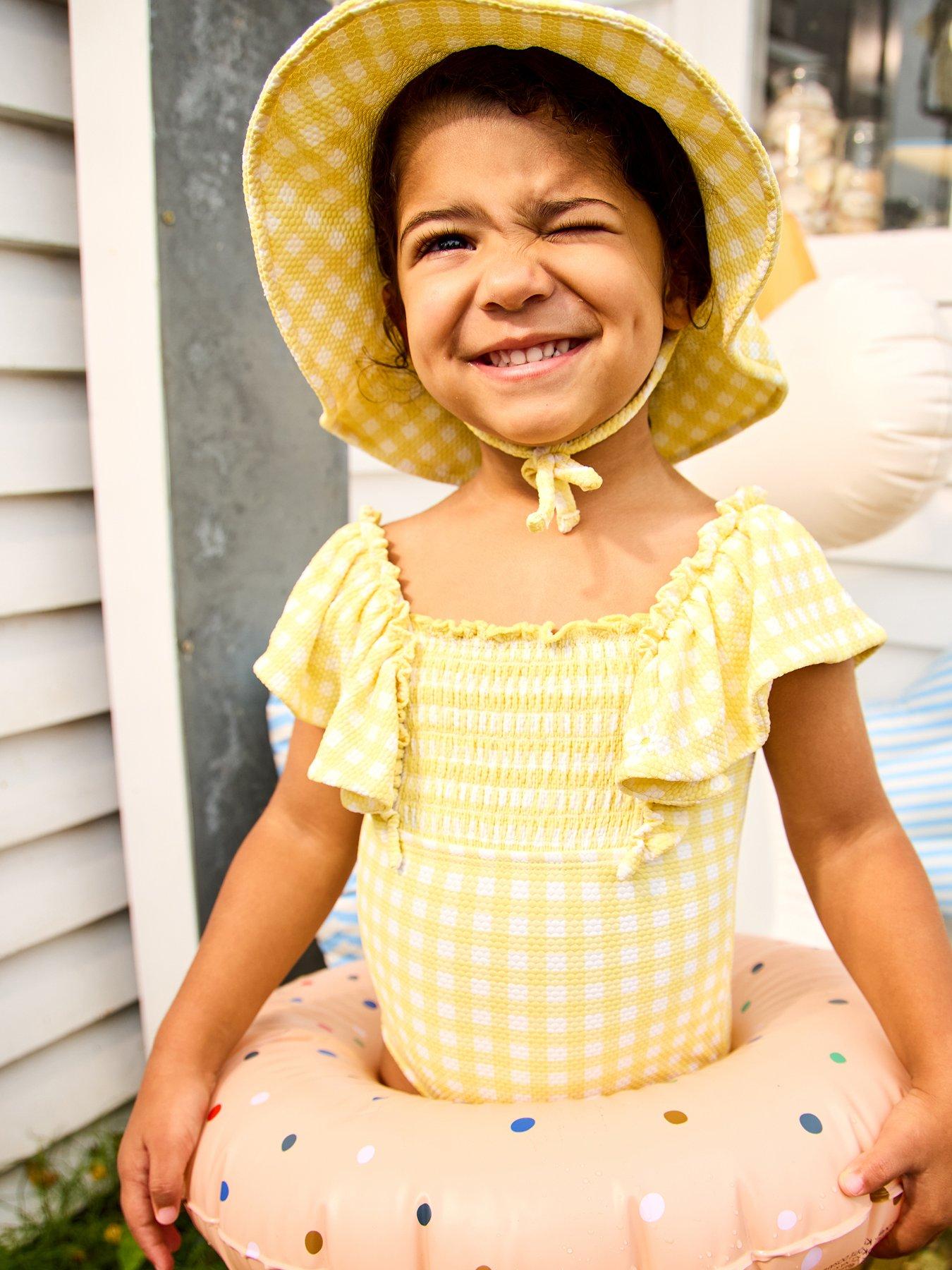 Image 1 of 4 of JoJo Maman Bebe Toddler Girls Daisy Gingham Frill Sleeve Swimsuit - Yellow