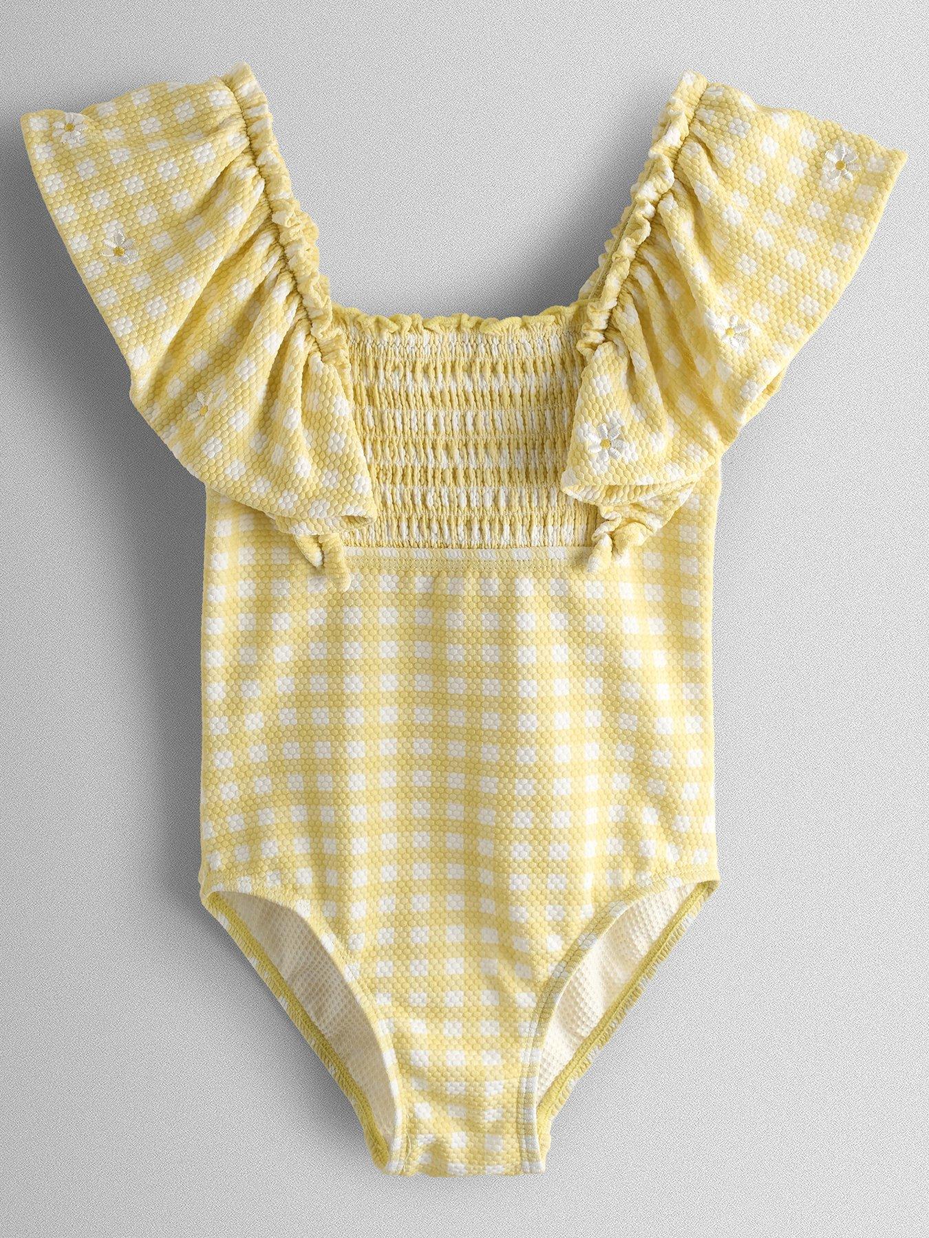 Image 2 of 4 of JoJo Maman Bebe Toddler Girls Daisy Gingham Frill Sleeve Swimsuit - Yellow