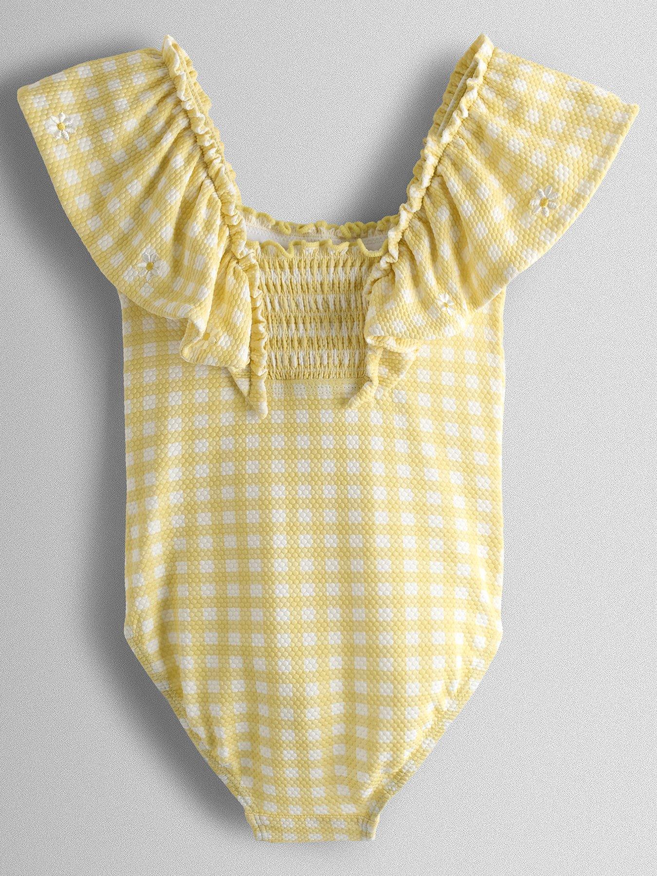 Image 3 of 4 of JoJo Maman Bebe Toddler Girls Daisy Gingham Frill Sleeve Swimsuit - Yellow