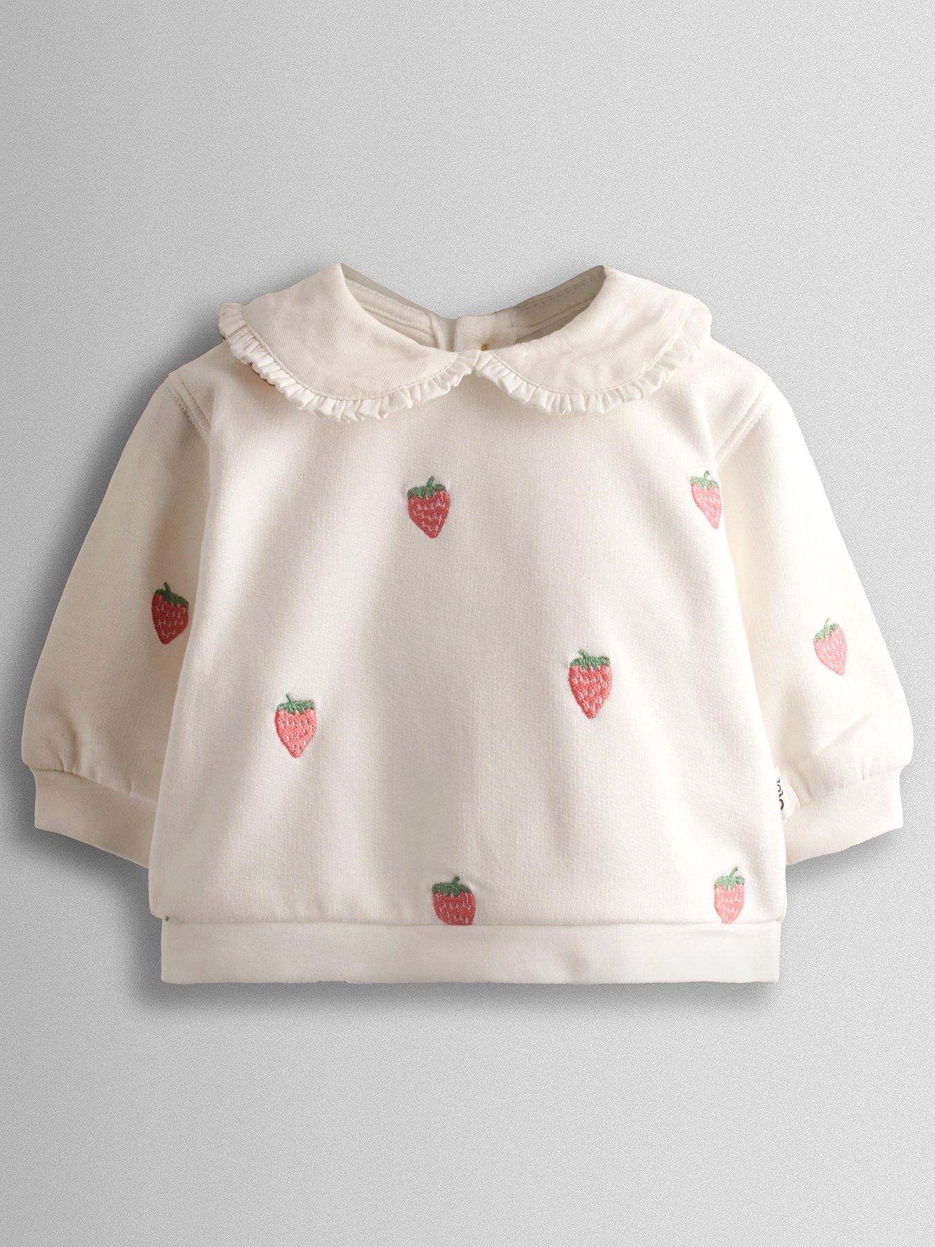Image 3 of 7 of JoJo Maman Bebe Baby Girls Strawberry Embroidered Top &amp; Bottom Set - Cream