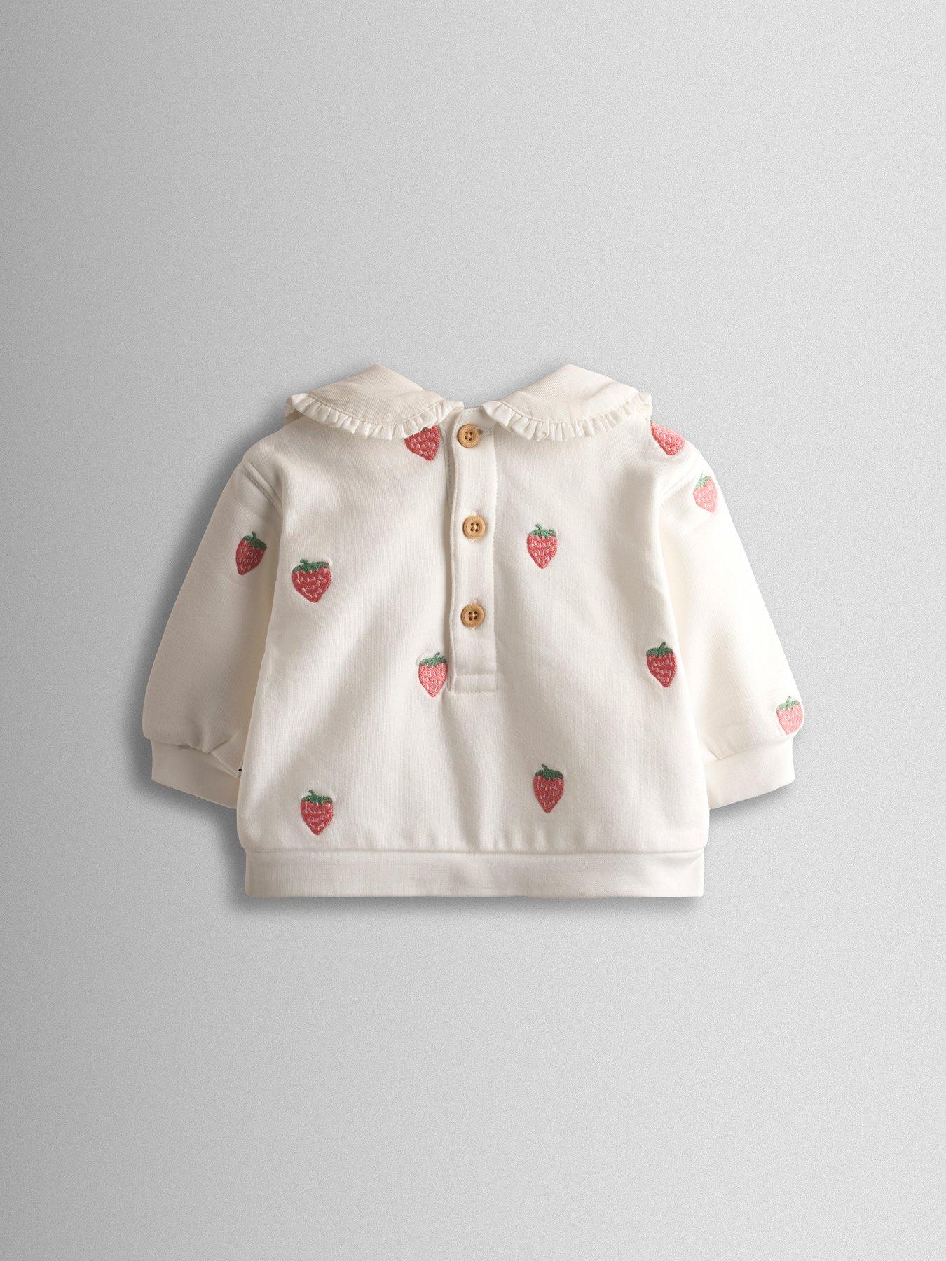 Image 4 of 7 of JoJo Maman Bebe Baby Girls Strawberry Embroidered Top &amp; Bottom Set - Cream