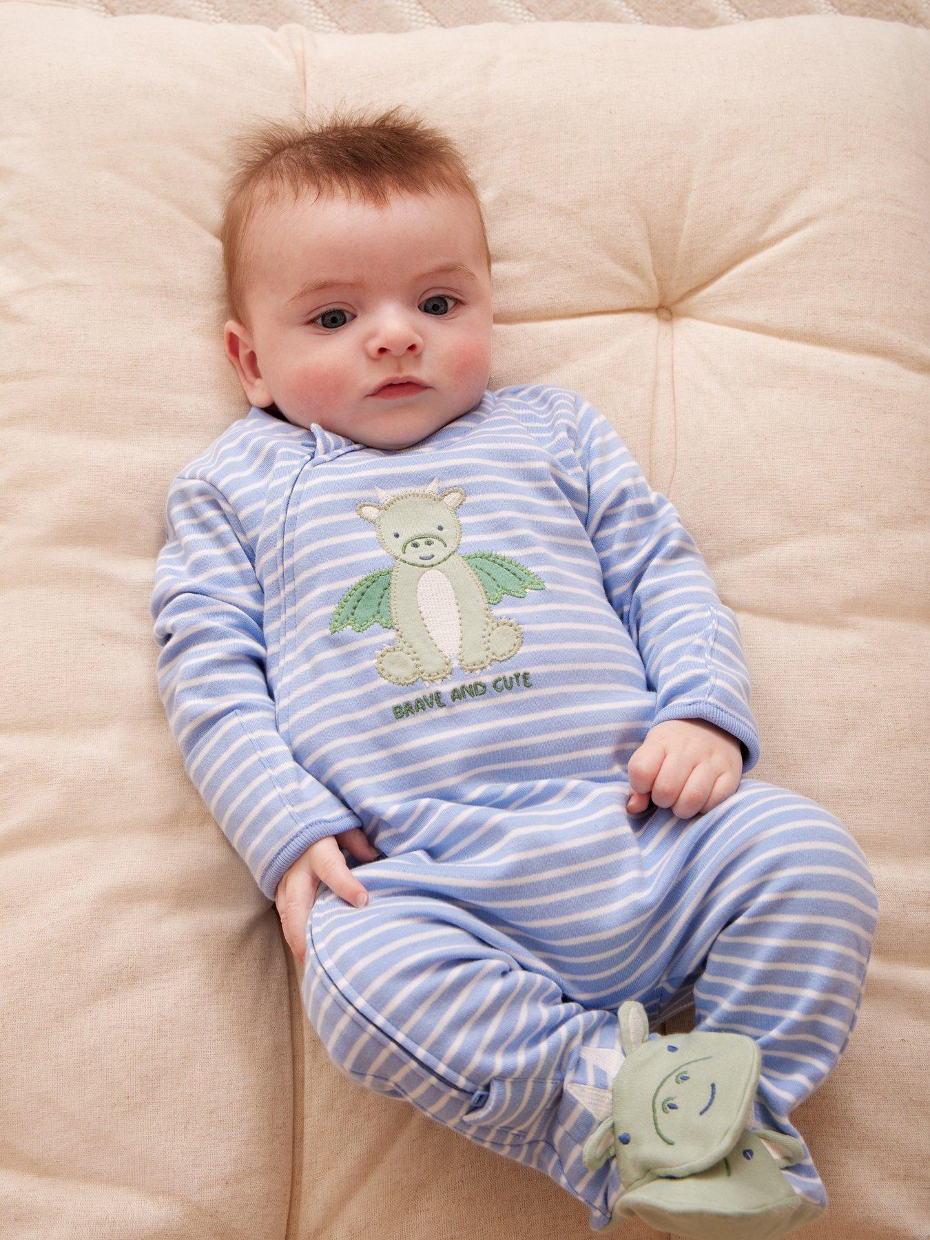 JoJo Maman Bebe Baby Boys Striped Dragon Sleepsuit - Blue