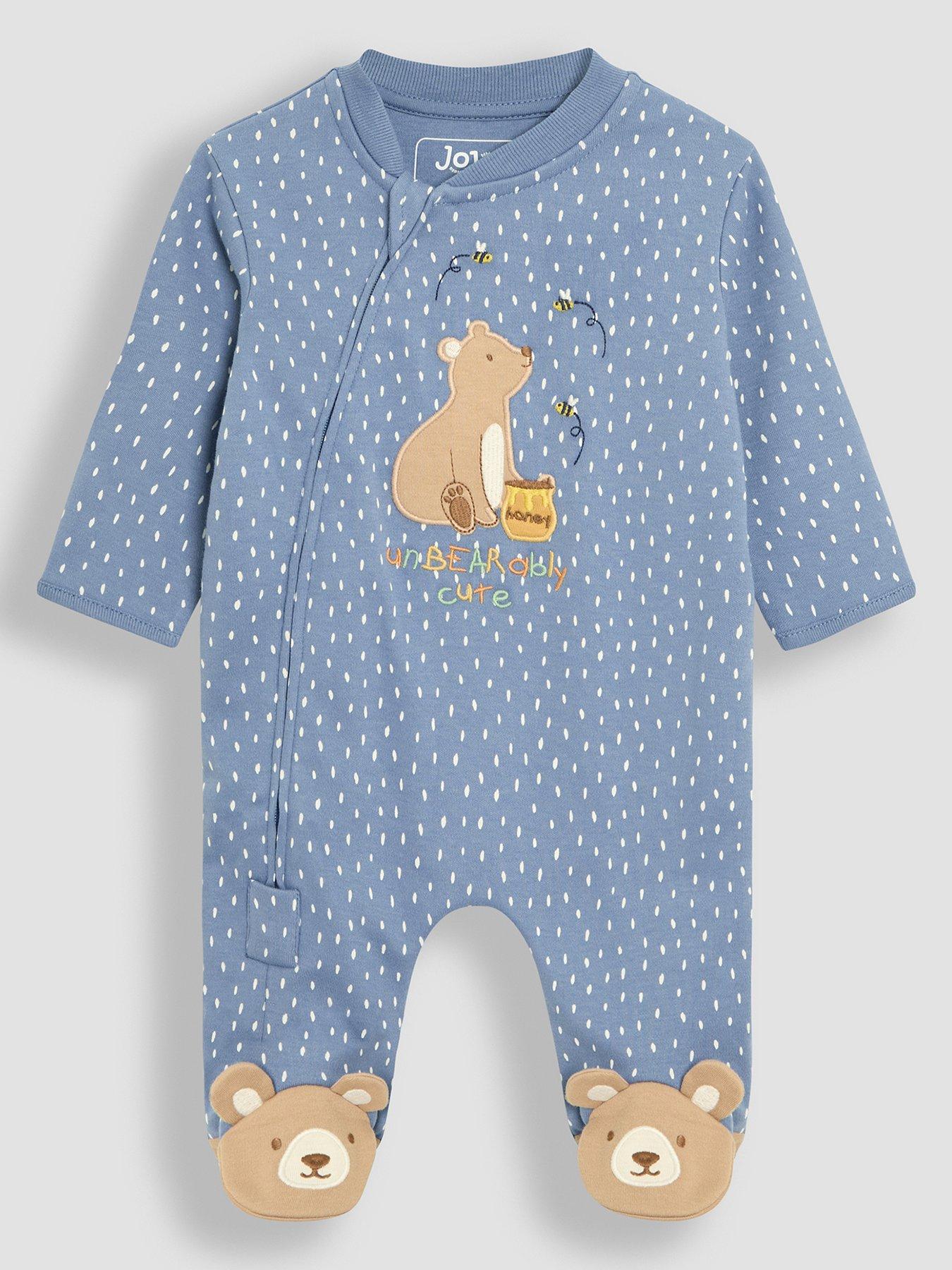 JoJo Maman Bebe: Baby Boys Bear Applique Zip Sleepsuit - Blue
