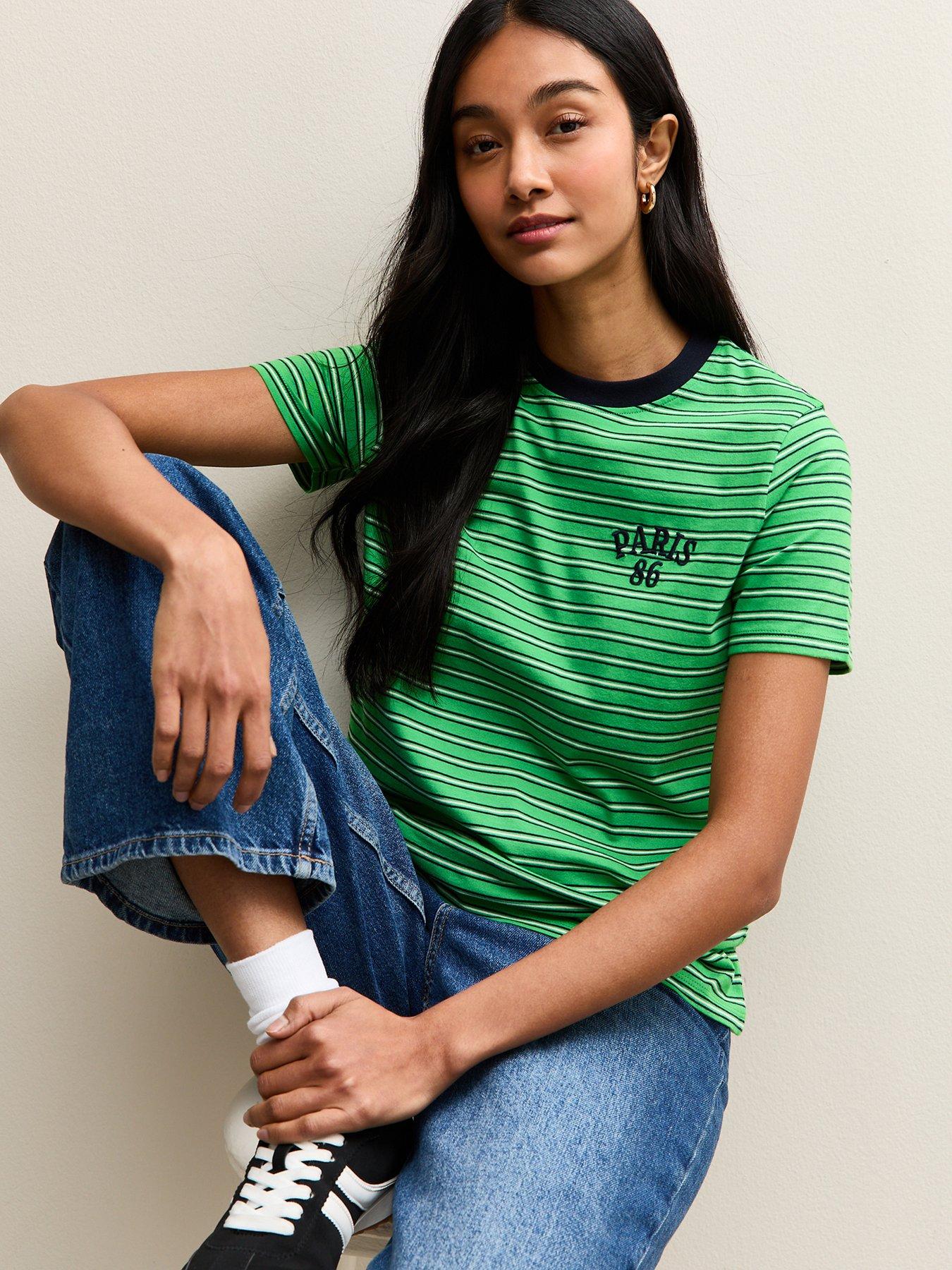 New Look Cotton Striped Paris 86 Logo T-Shirt - Green
