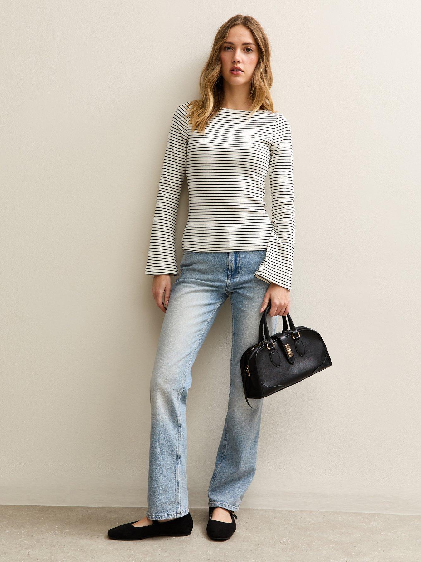 New Look White And Navy Striped Slash Neck Flared Sleeve Top - Blue