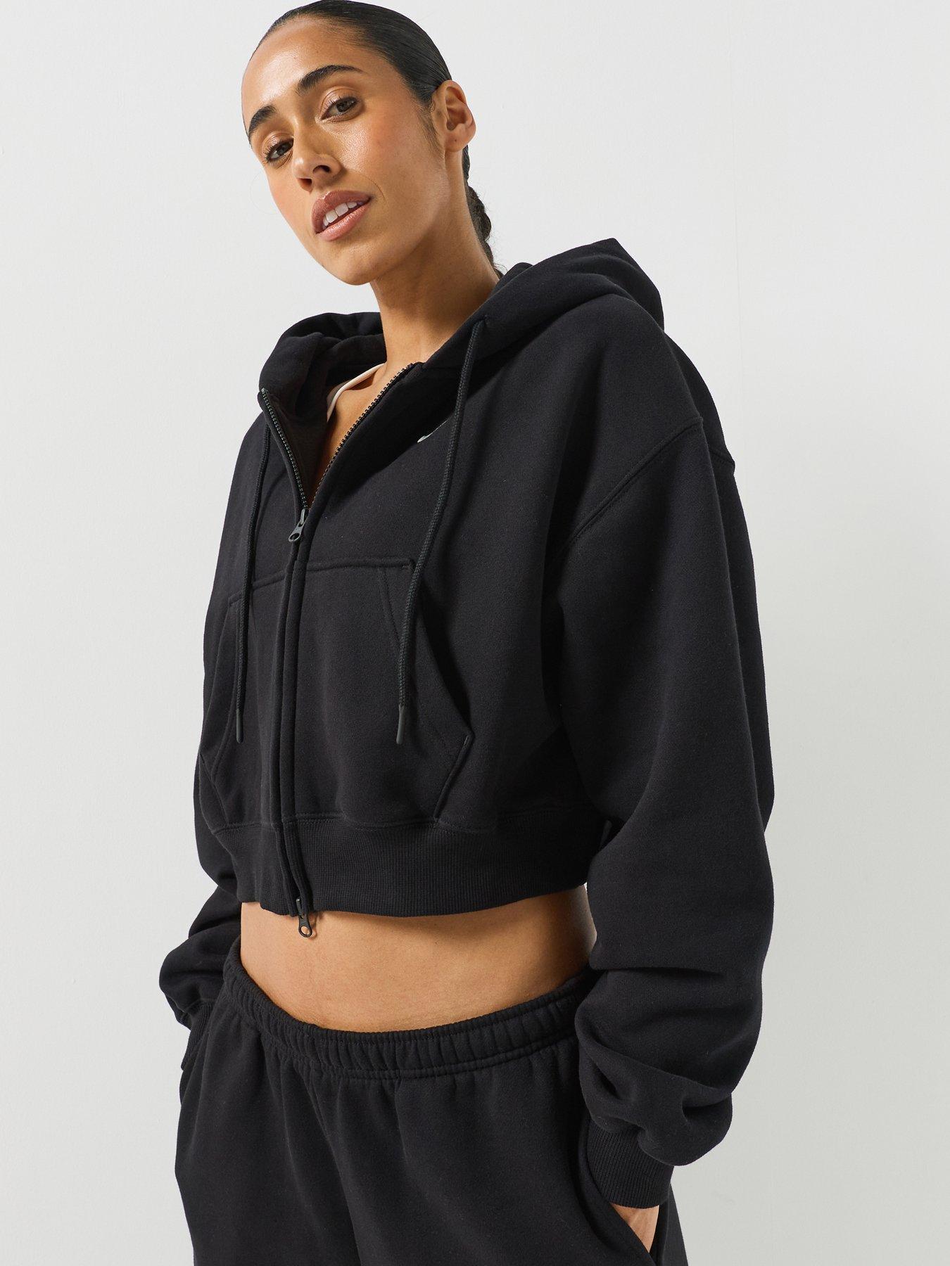 Nike Womens Studio Fleece Oversized Crop Full Zip Hoodie, Black/Sail, Size S, Women