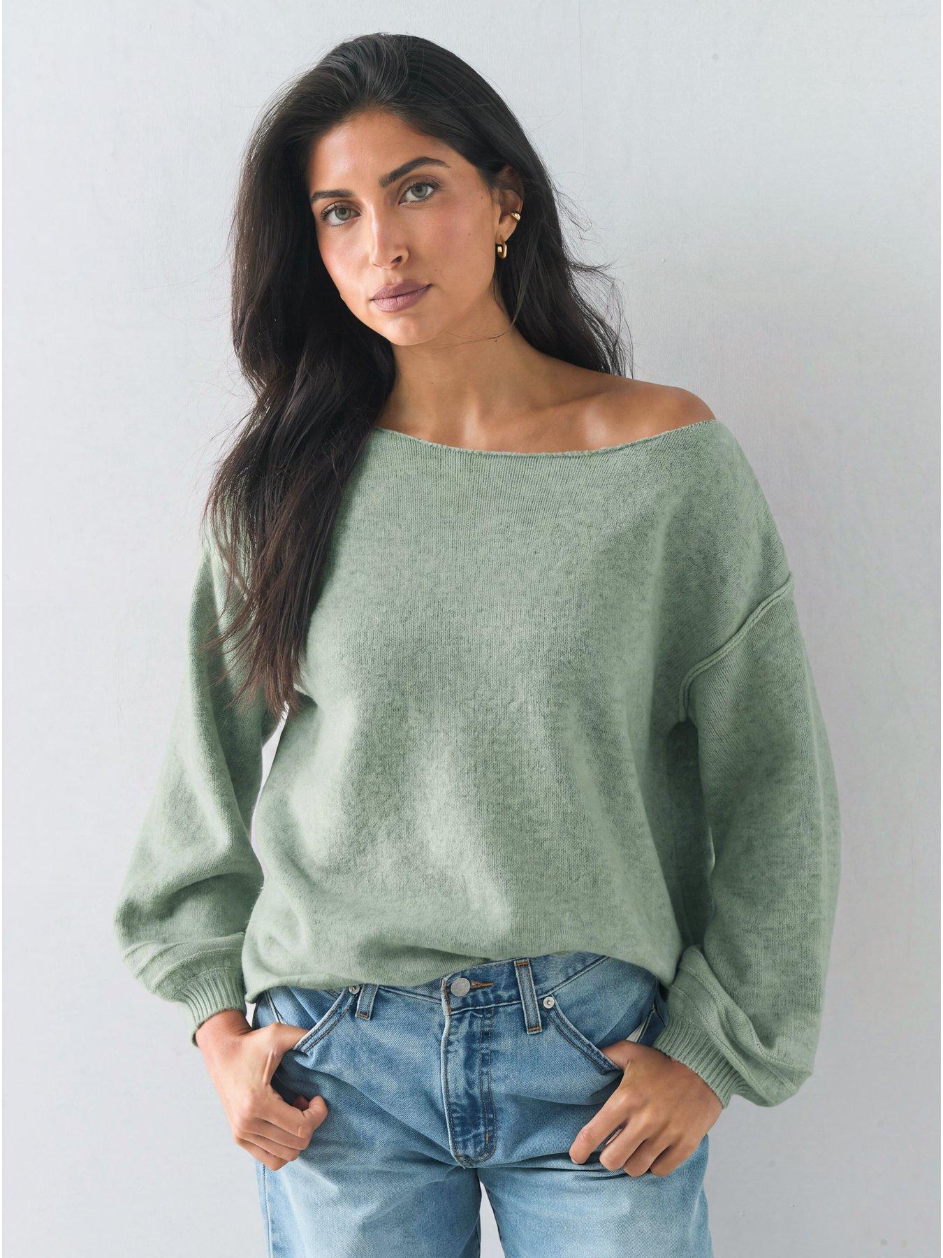 The Very Collection Cosy Yarn Off Shoulder Jumper With Wool - Green