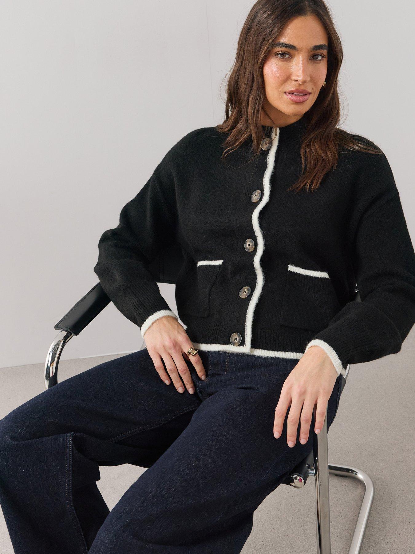Image 1 of 6 of The Very Collection Style Yarn Crew Neck Cardigan With Wool - Black / White