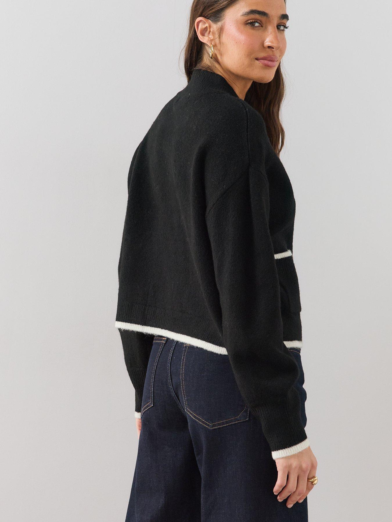 Image 2 of 6 of The Very Collection Style Yarn Crew Neck Cardigan With Wool - Black / White