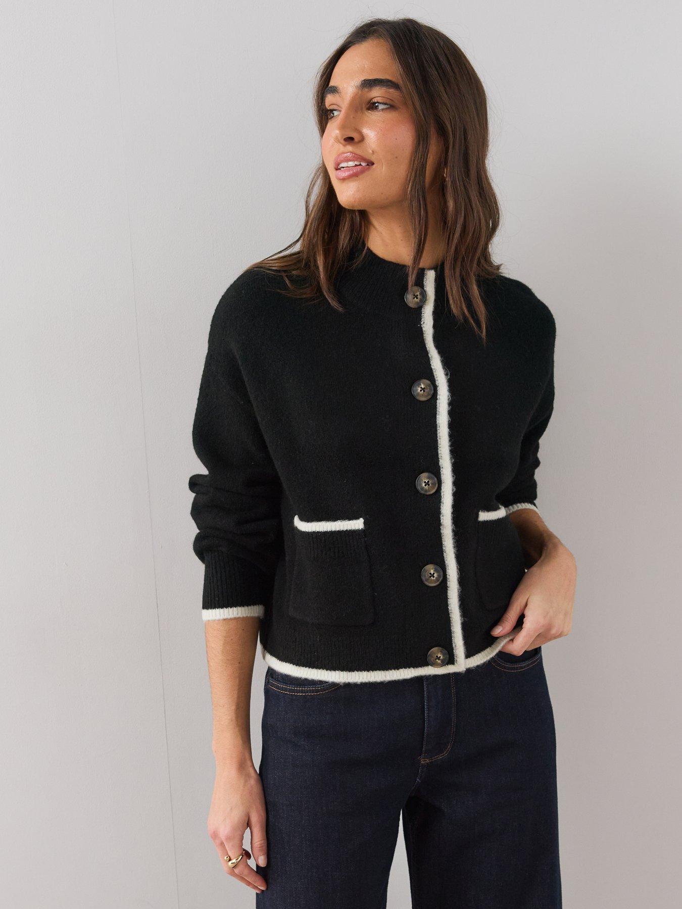 Image 6 of 6 of The Very Collection Style Yarn Crew Neck Cardigan With Wool - Black / White