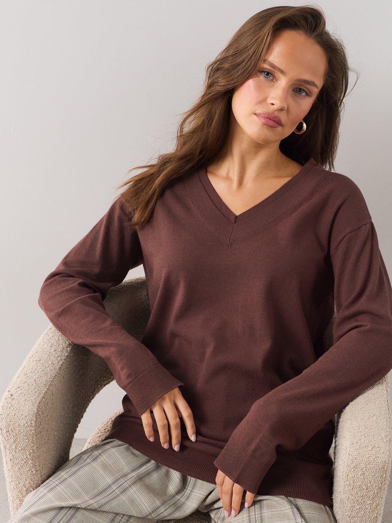Image 1 of 7 of The Very Collection Classic Comfort V Neck Longline Jumper - Brown