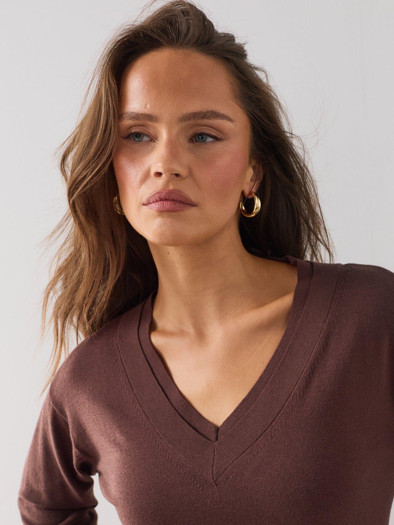 Image 4 of 7 of The Very Collection Classic Comfort V Neck Longline Jumper - Brown