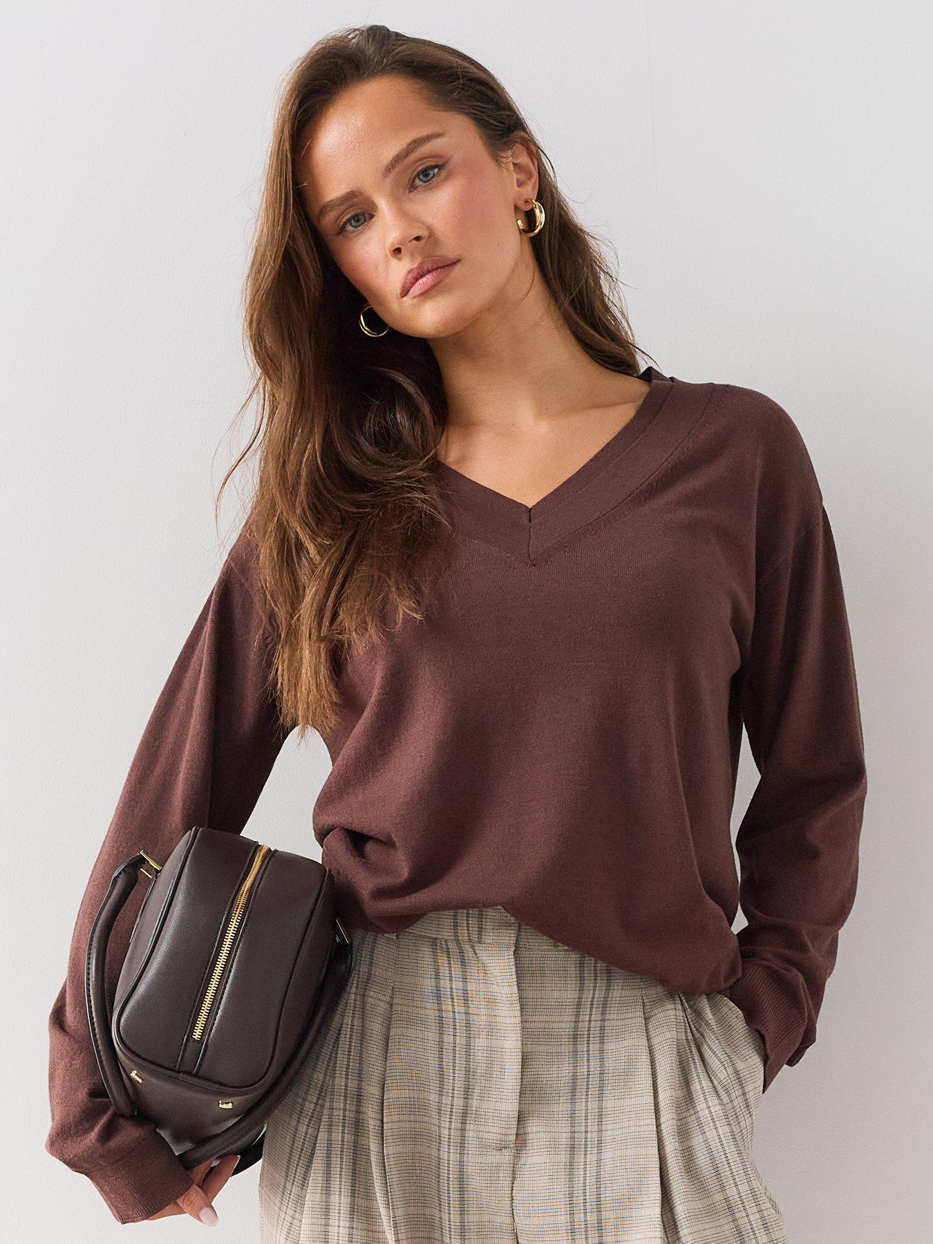 Image 5 of 7 of The Very Collection Classic Comfort V Neck Longline Jumper - Brown