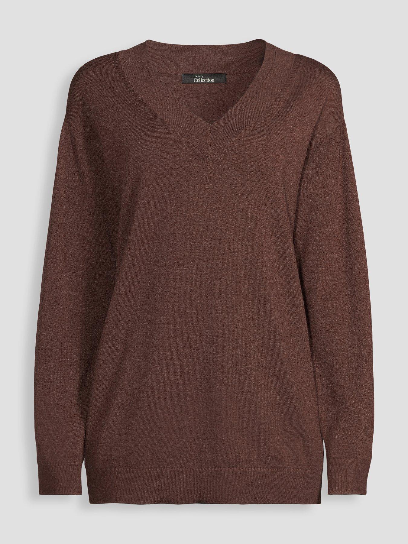 Image 7 of 7 of The Very Collection Classic Comfort V Neck Longline Jumper - Brown