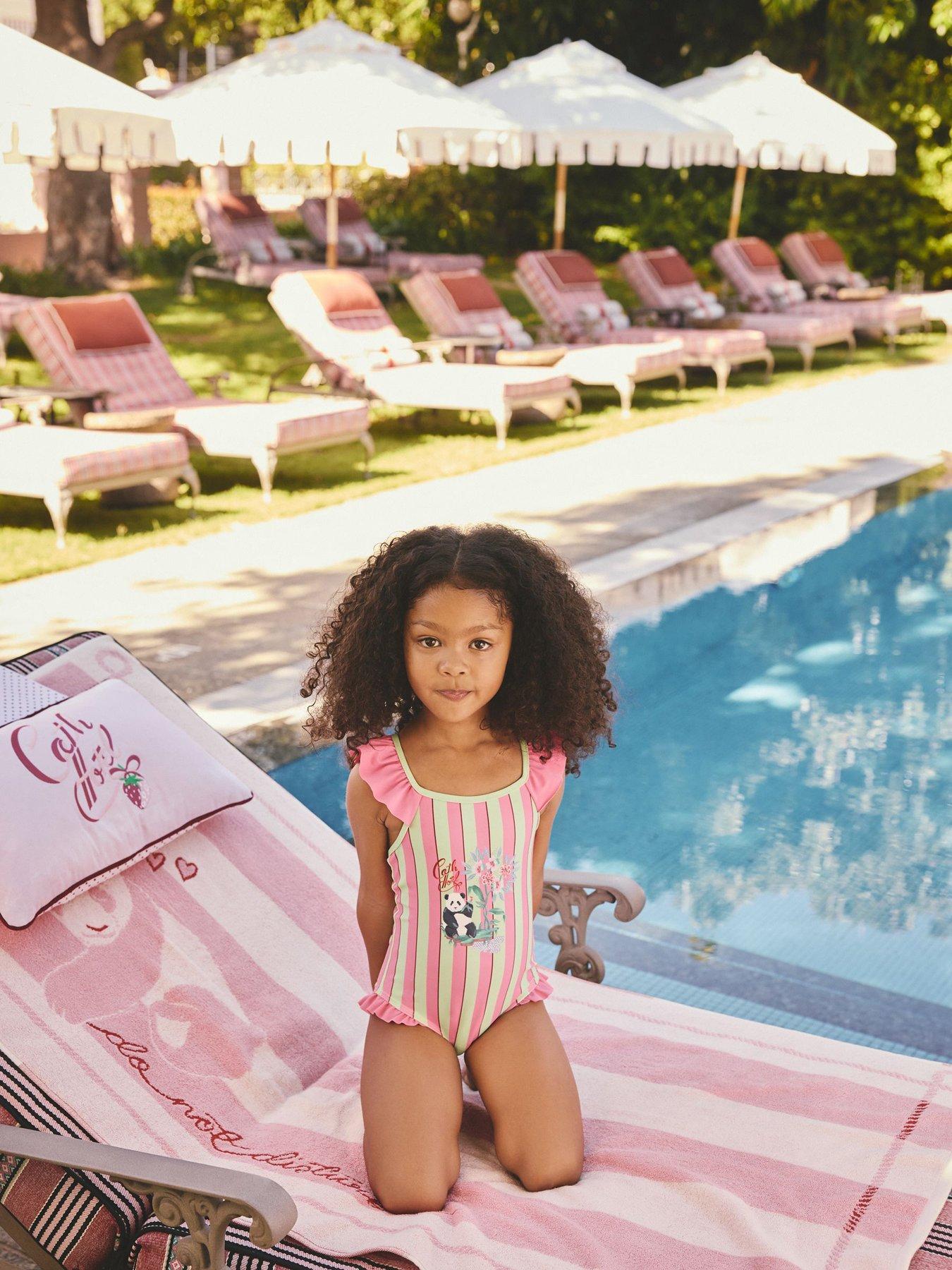 Image 4 of 7 of Cath Kidston Younger Girls Panda Stripe Swimsuit - Pink