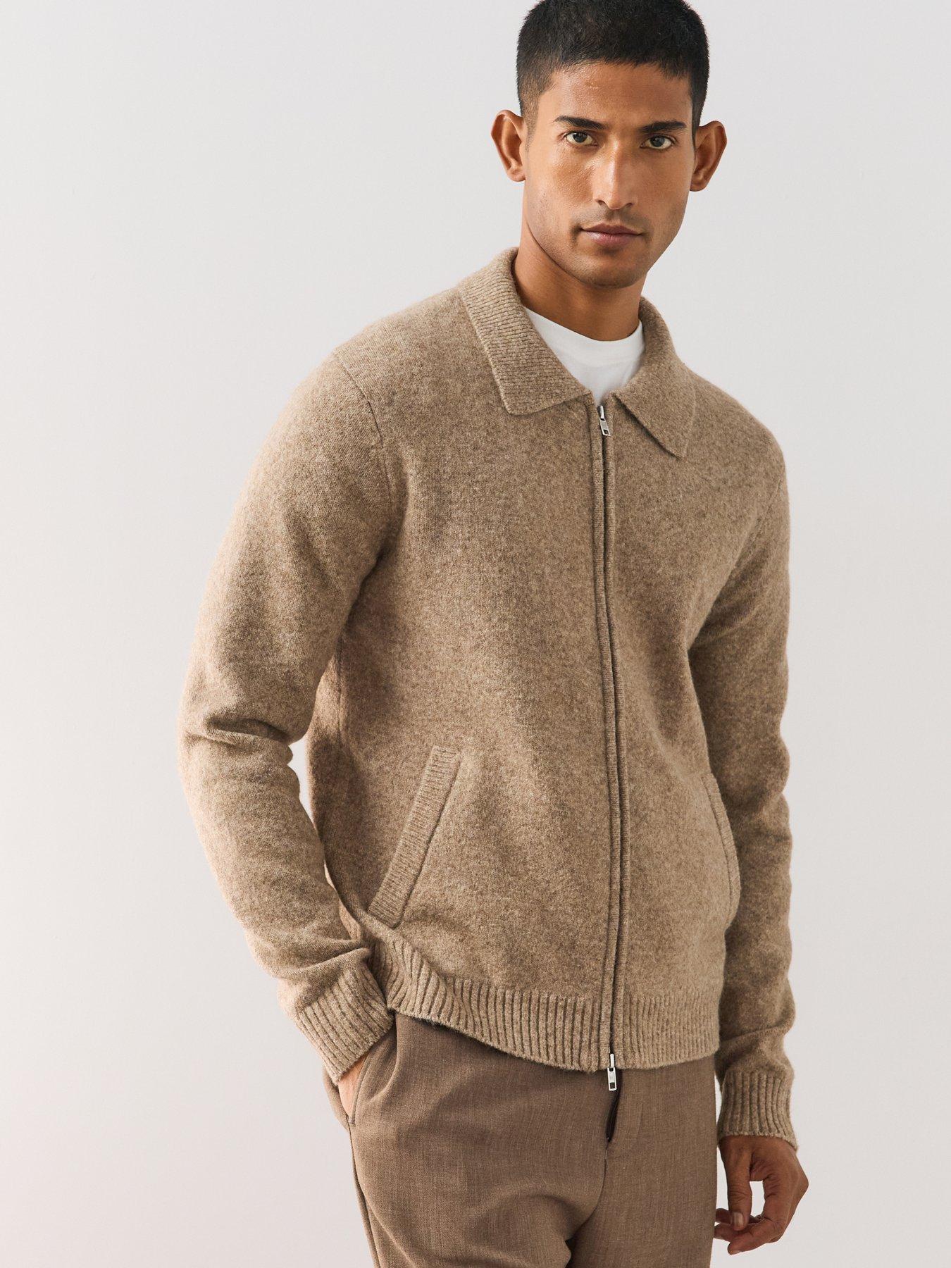 Image 1 of 6 of The Very Collection Mens Collared Wool Blend Zip Through Knitted Jacket - Brown